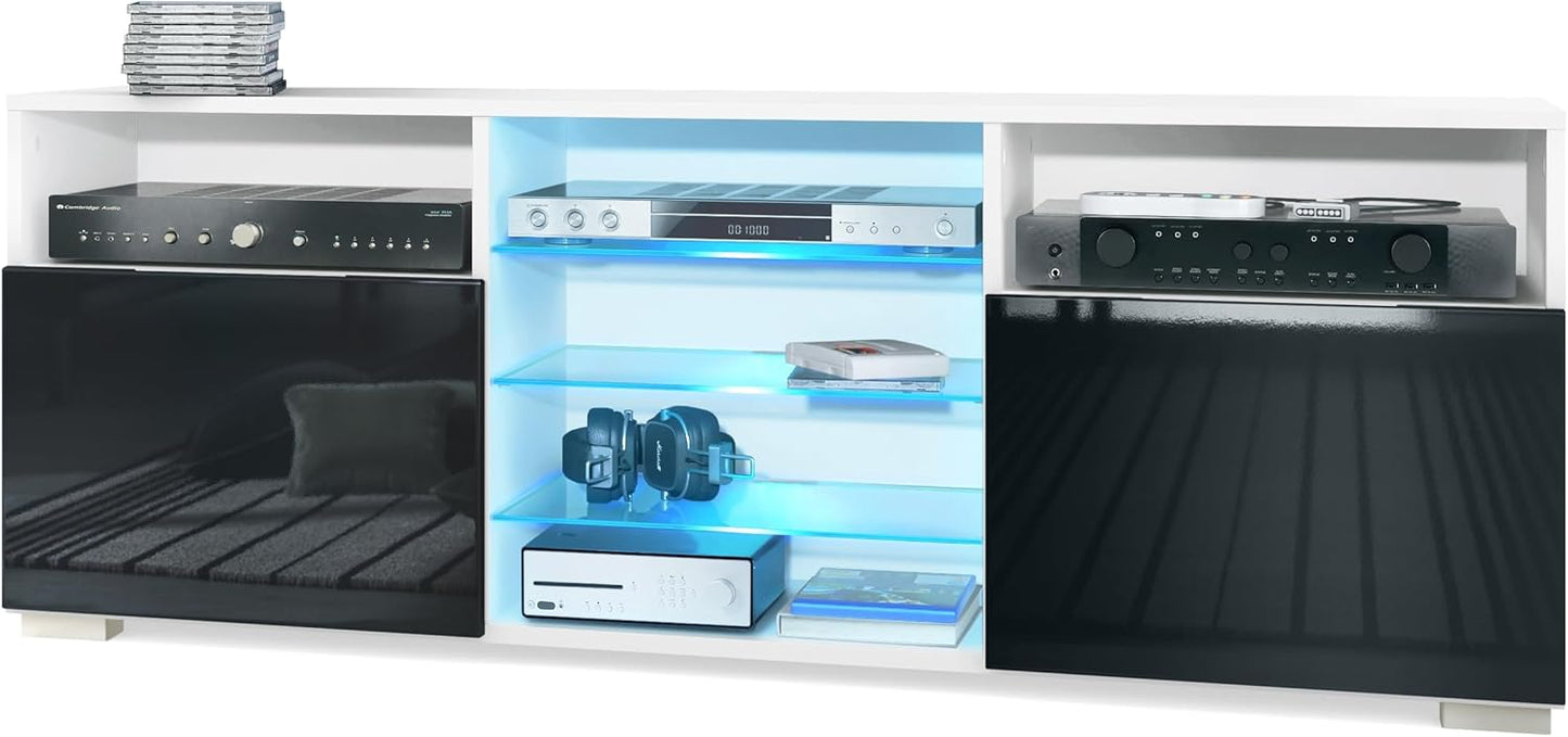 Vladon Granada TV Board Lowboard with 2 Doors and 6 Open Compartments, Matt White Body, Fronts in Sand Grey High Gloss (146 x 54 x 35 cm)