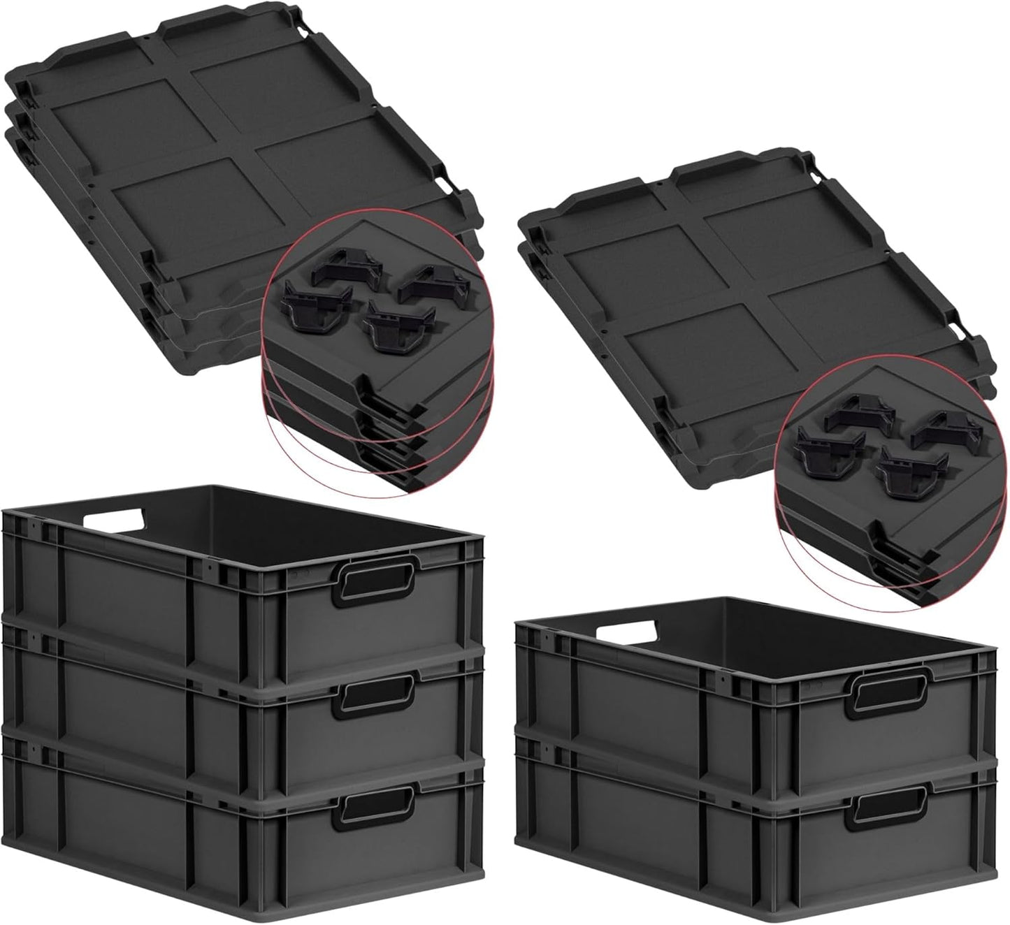PROREGAL Economy Set of 5 Eurobox NextGen Colour with Lid and Sliding Snap Fasteners, H x W x D 22 x 30 x 40 cm, 20 L, Black, Closed Handles, Euro Container, Transport Box, Transport Container