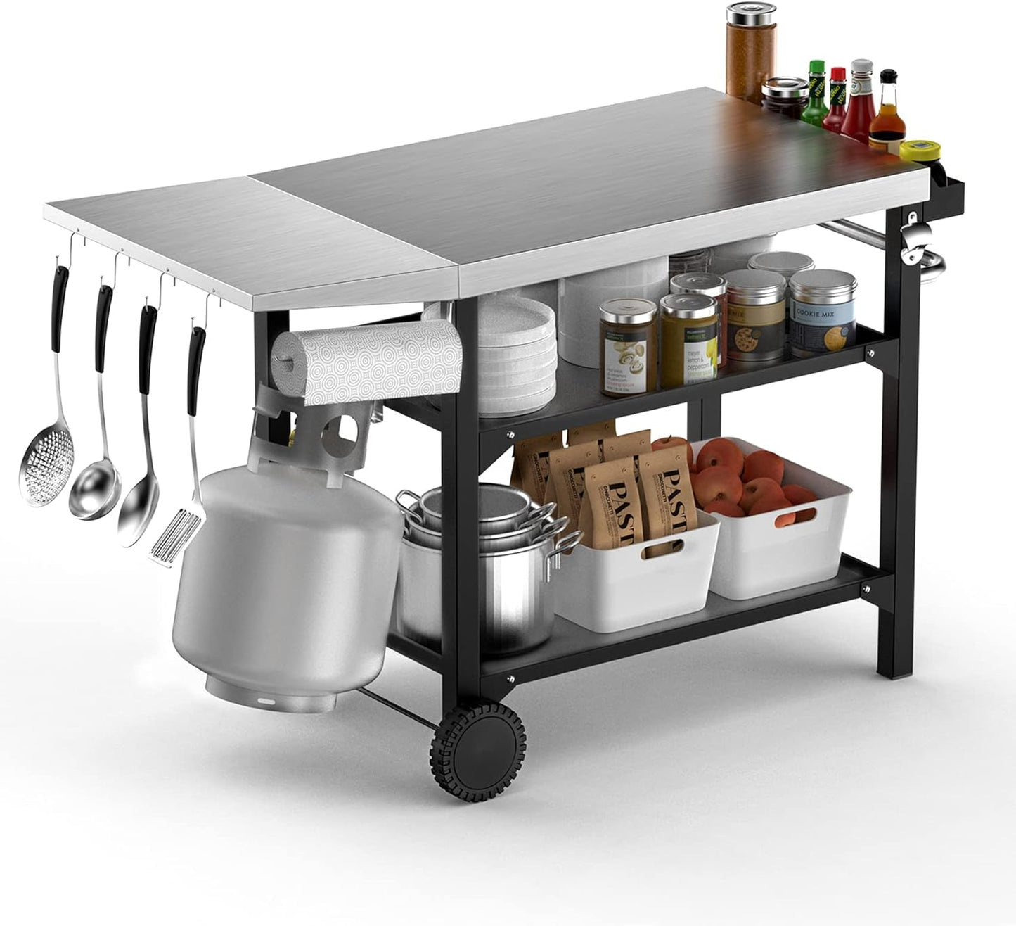 onlyfire Barbecue Trolley 120 × 53 × 81 cm, Grill Table with Large Work Surface, Wheels and Side Table, Serving Trolley 3 Levels, BBQ Table, Outdoor Grill Trolley, Stainless Steel Large Work Surface