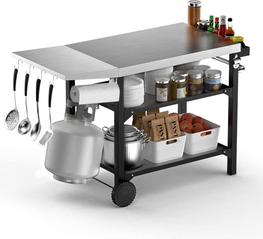 onlyfire Barbecue Trolley 120 × 53 × 81 cm, Grill Table with Large Work Surface, Wheels and Side Table, Serving Trolley 3 Levels, BBQ Table, Outdoor Grill Trolley, Stainless Steel Large Work Surface