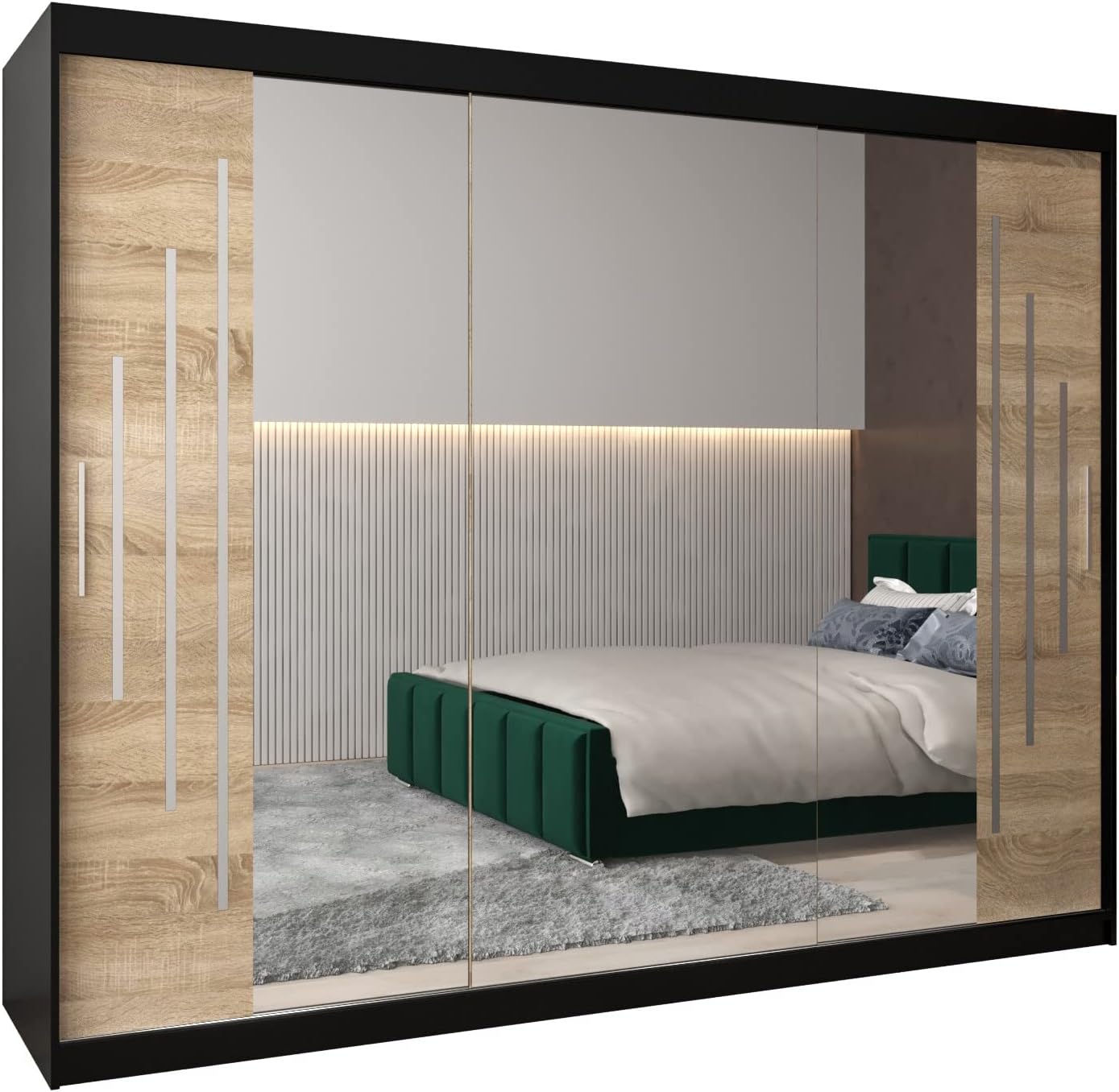 MEBLE KRYSPOL Kleiderschrank mit Spiegel York 2 - Garderobenschrank - Schrank Schlafzimmer - Mehrzweckschrank Zwei Schiebetüren - Regalen - Flur Möbel - Kleiderstange Schrank - Allzweckschrank