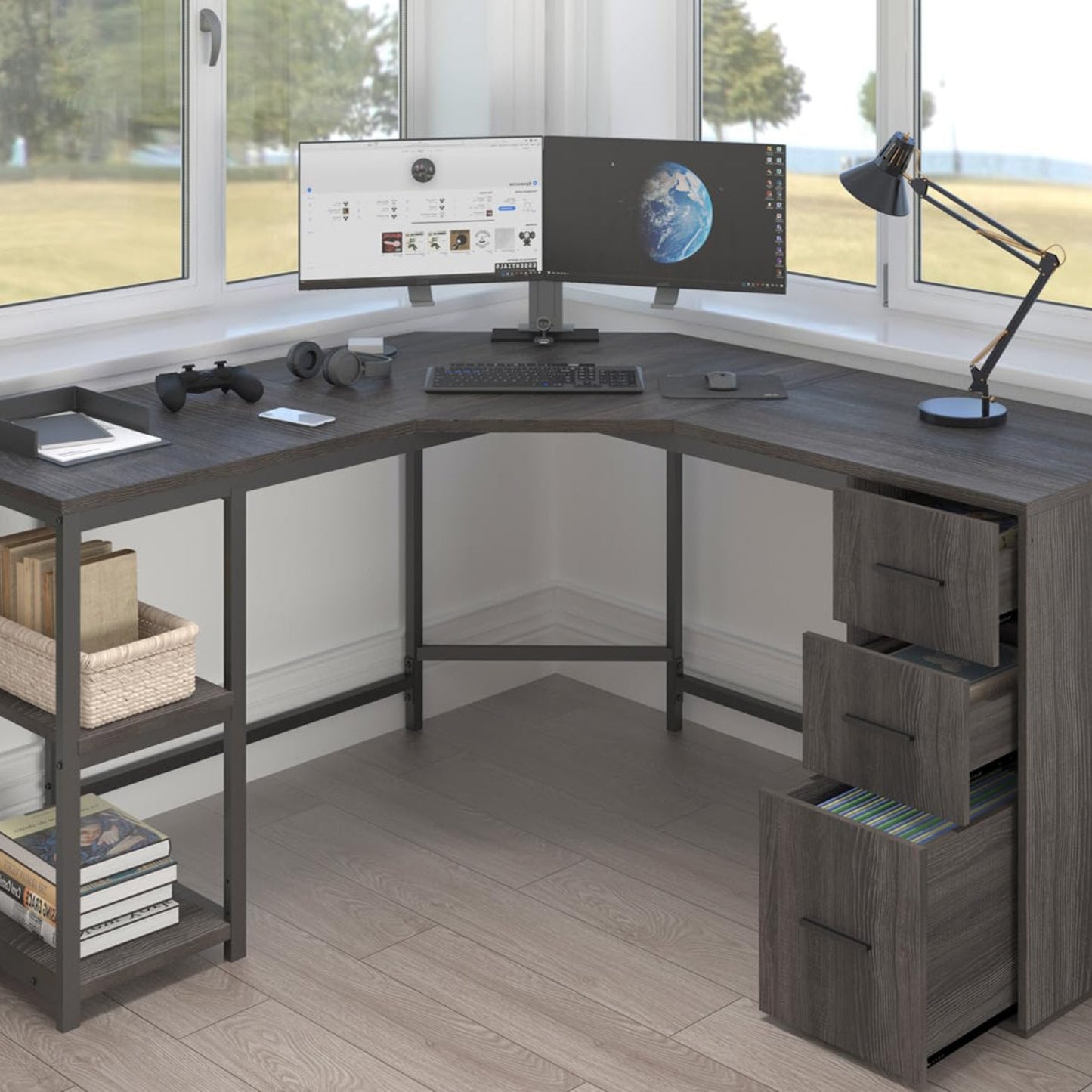 LVB White L Shaped Corner Desk with Drawers, Reversible Modern L Shaped Computer Desk with Storage Cabinets, Large L Shaped Wooden L Shaped Desk Metal L Shape