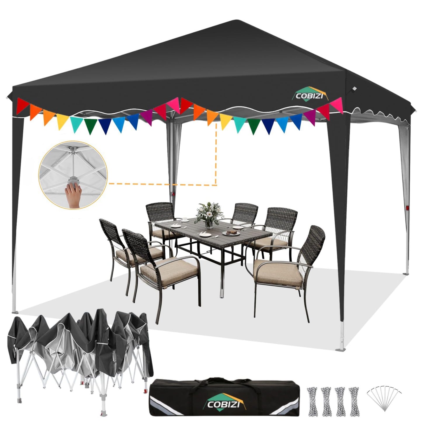 COBIZI Folding Gazebo Gazebo 3 x 6 Waterproof Winterproof Garden Gazebo Party Tent Pop Up Gazebo Foldable Tent with 6 Side Waves with Ventilation Openings, Sandbag for Market, Outdoor Event, Black