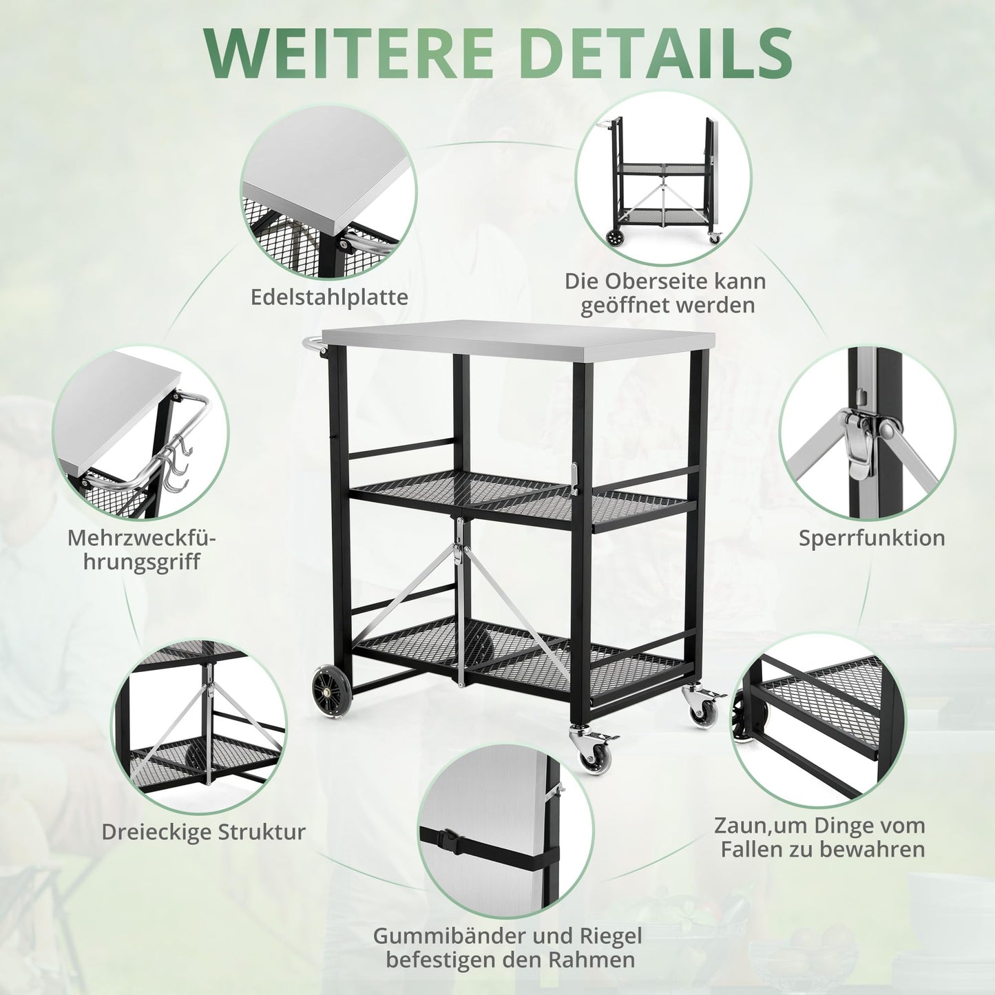 LUE BONA Folding BBQ Trolley, BBQ Table with 2 Shelves, Outdoor Kitchen Side Table on Wheels, Serving Trolley for Garden, Barbecue, Camping, Stainless Steel Table Top