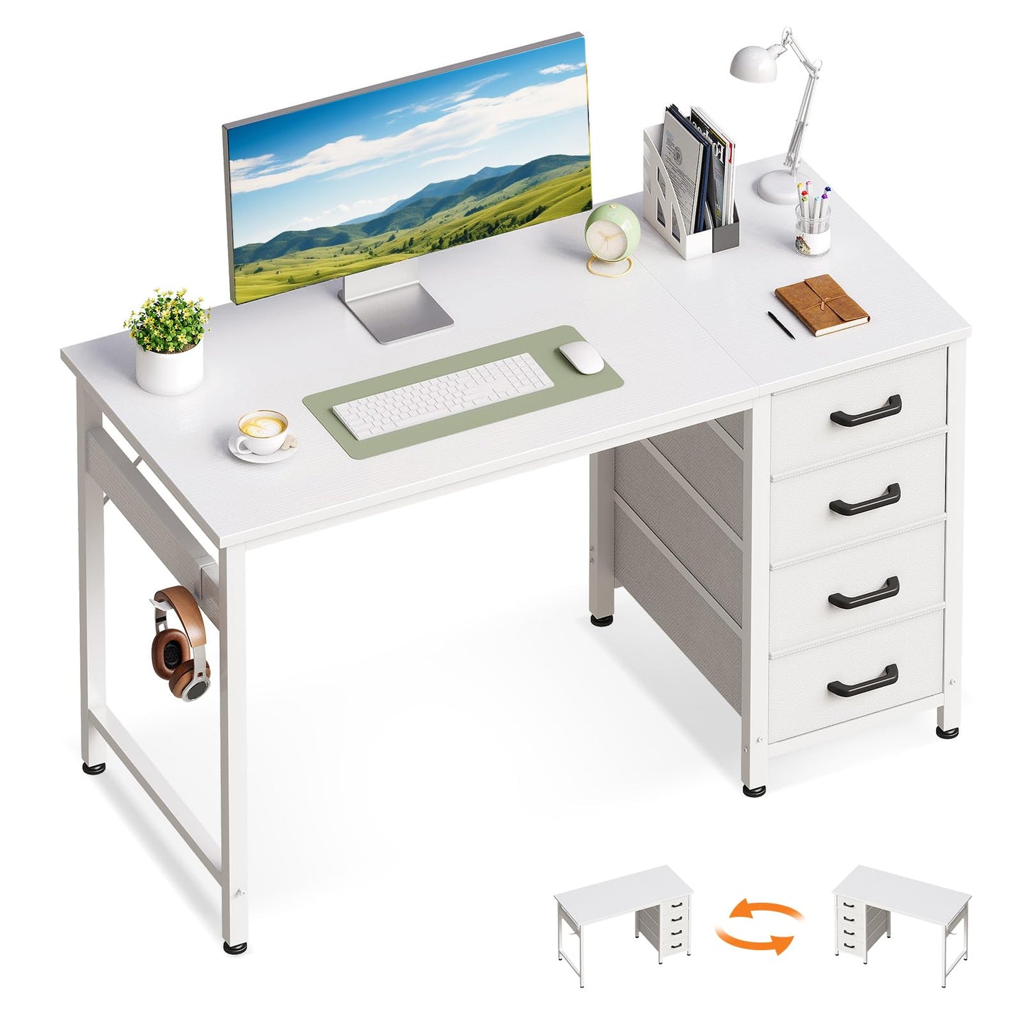 ODK Desk with 4 Drawers, 120 x 48 x 75.7 cm, Computer Desk with Headphone Holder, PC Table, Reversible Office Table, Wood for Home Office, White