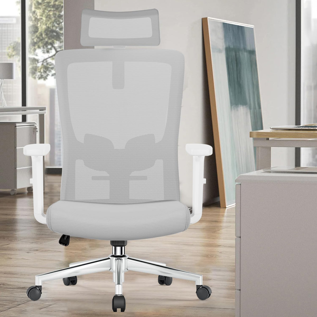 Ergonomic Office Chair with Adjustable Lumbar Support, Armrests and Headrest, Swivel Office Chair 150 kg, Desk Chair, Executive Chair, Rocker Function up to 135°