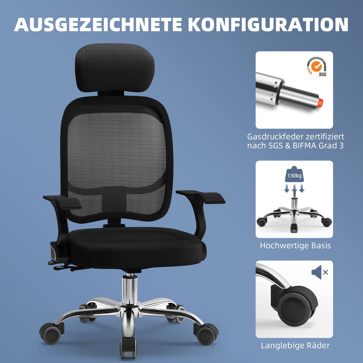 Airchros Ergonomic Office Chair, Desk Chair with Folding Armrests, Adjustable Lumbar Support, Height-Adjustable Executive Chair, Swivel Chair, Mesh Chair with Rocker Function up to 125°, Black