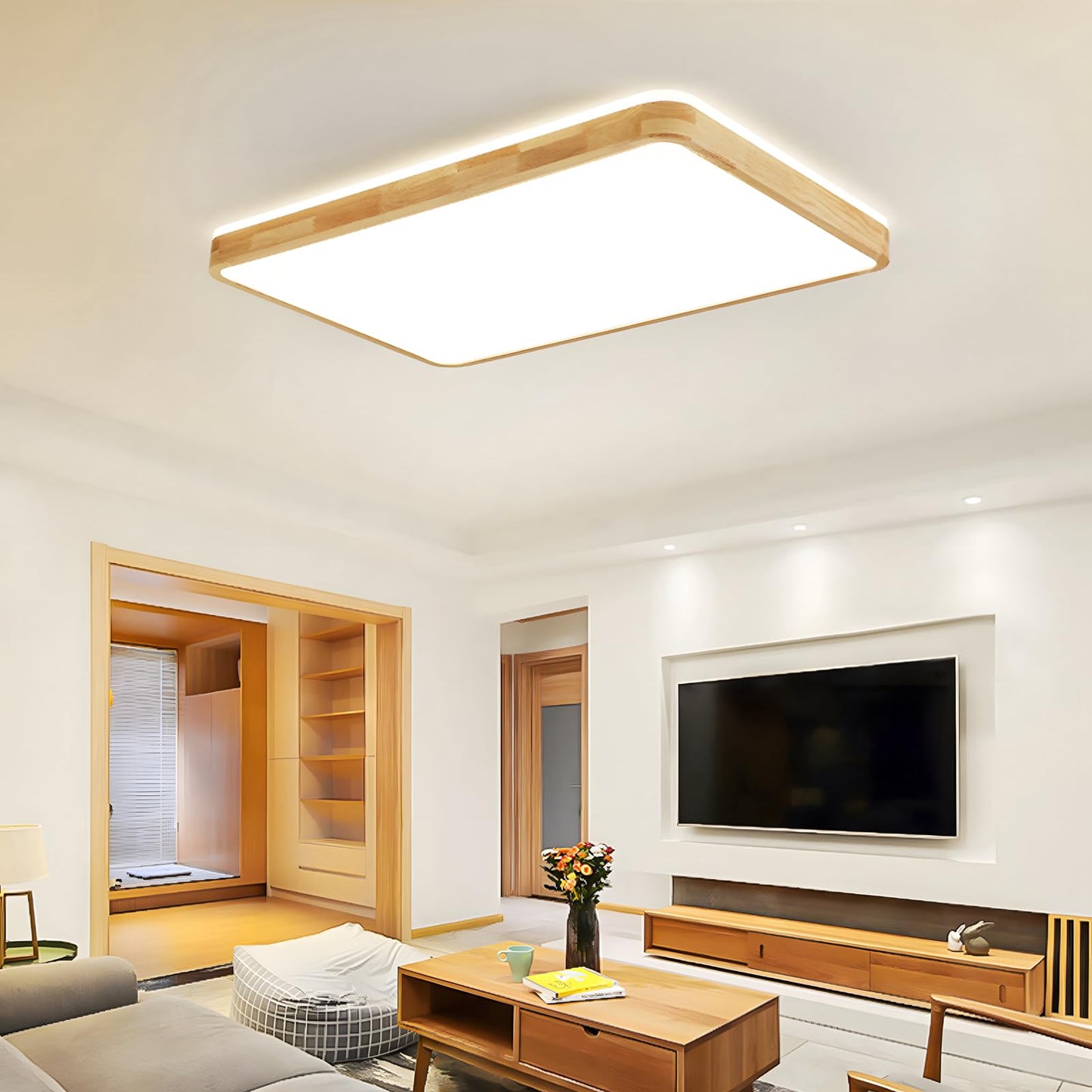 LED Wooden Ceiling Light, Diameter 30 cm, 3000 K, 1620 lm, 18 W, Ceiling Light with Square Top, 360° Luminous Natural Wood, Bedroom, Living Room, Children's Room, Kitchen, Dining Room (Warm White)