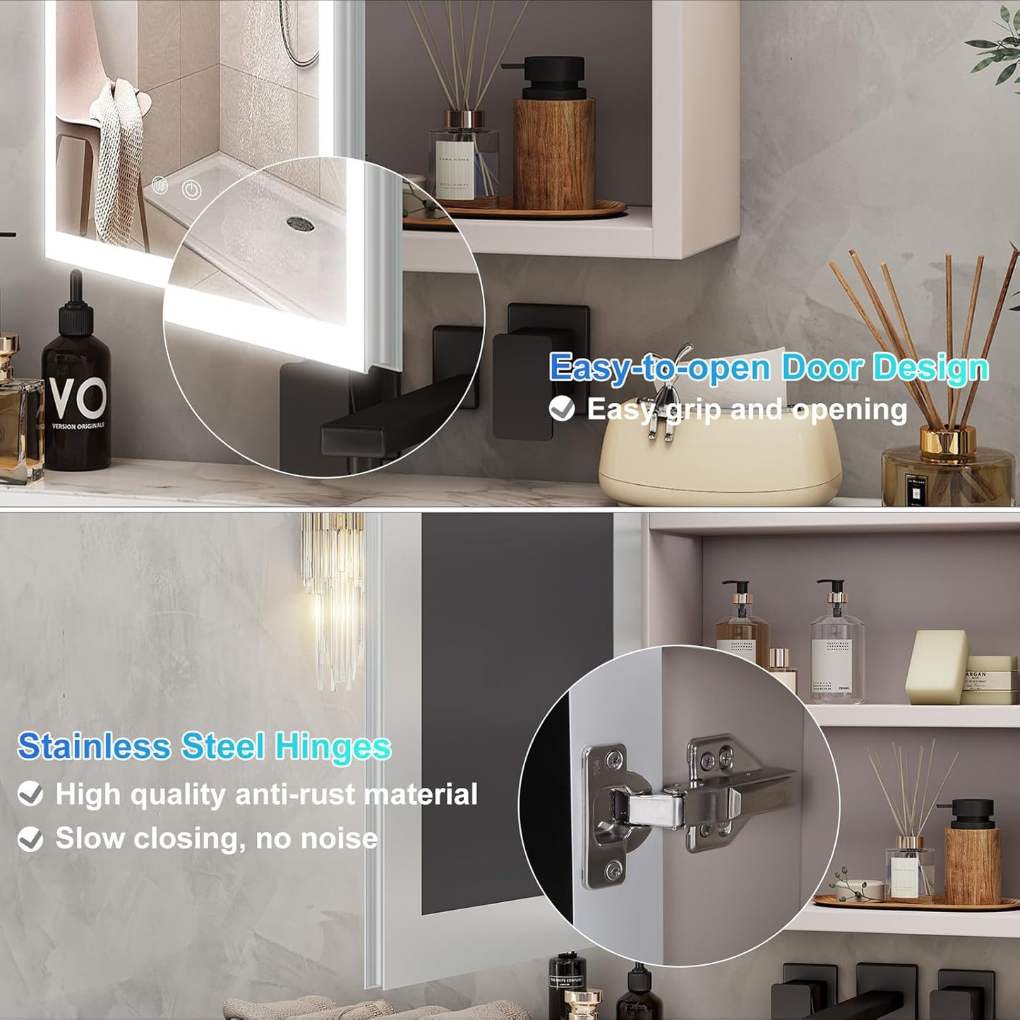 Aovquof Mirror Cabinet with Lighting - 90 x 60 cm Bathroom Mirror Cabinet with Storage Space, Bathroom Mirror Cabinet with Adjustable Dimmable LED Lights with Demist Function, Modern Cream Colour