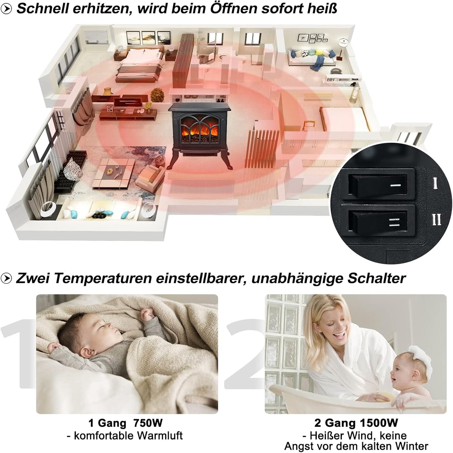 XMTECH 1500W Elektrokamin mit Heizlüfter Elektrischer Kamin Heizung, Heizer Ofen mit LED Kaminfeuer Flammeneffekt, PTC Heizleistung, geräuscharm, schwarz