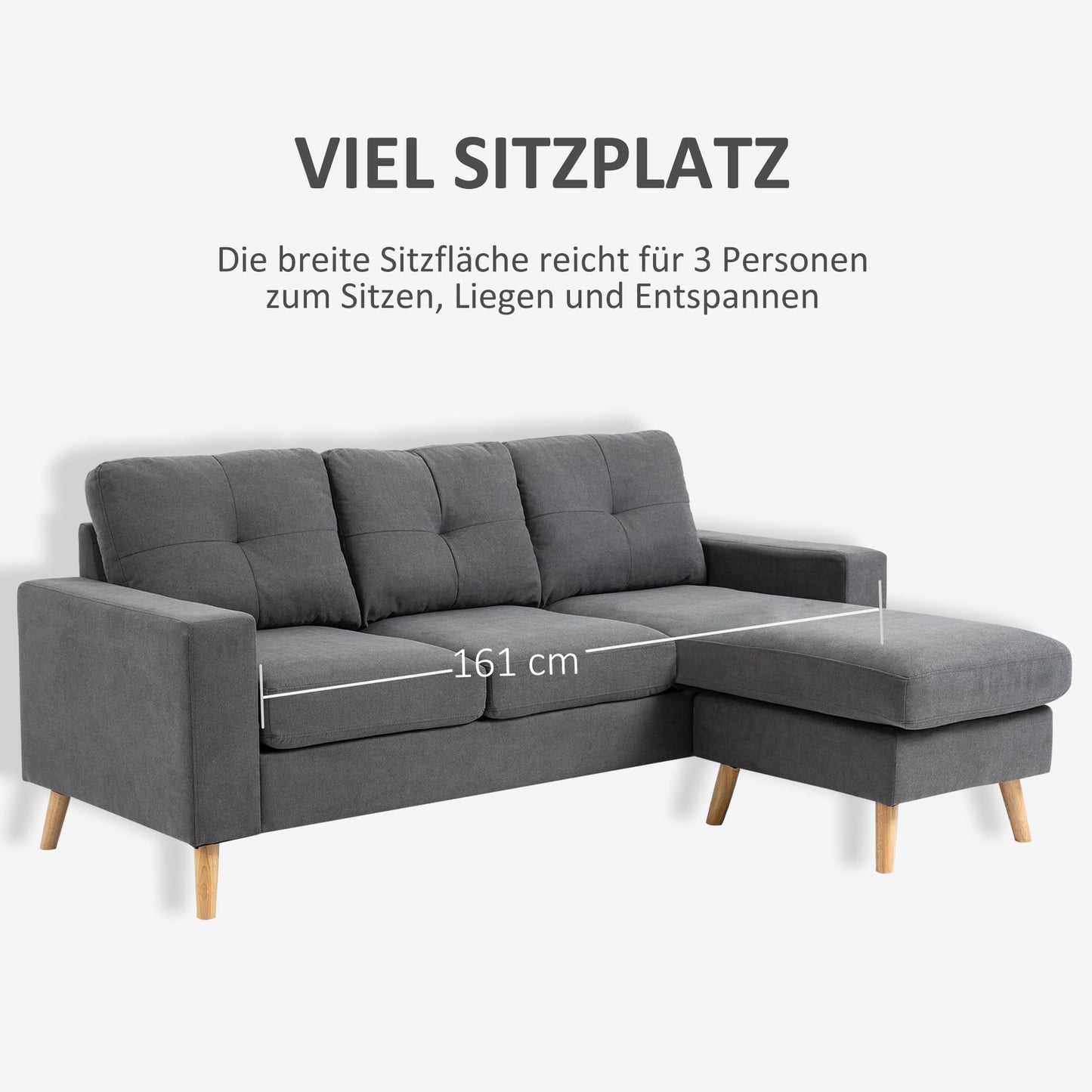 HOMCOM Corner Sofa L-Shaped Sofa with 3 Cushions, Corner Couch with Button Binding, Linen Look, Couch Living Landscape for Living Room, Bedroom, 193 x 136 x 85 cm, Black