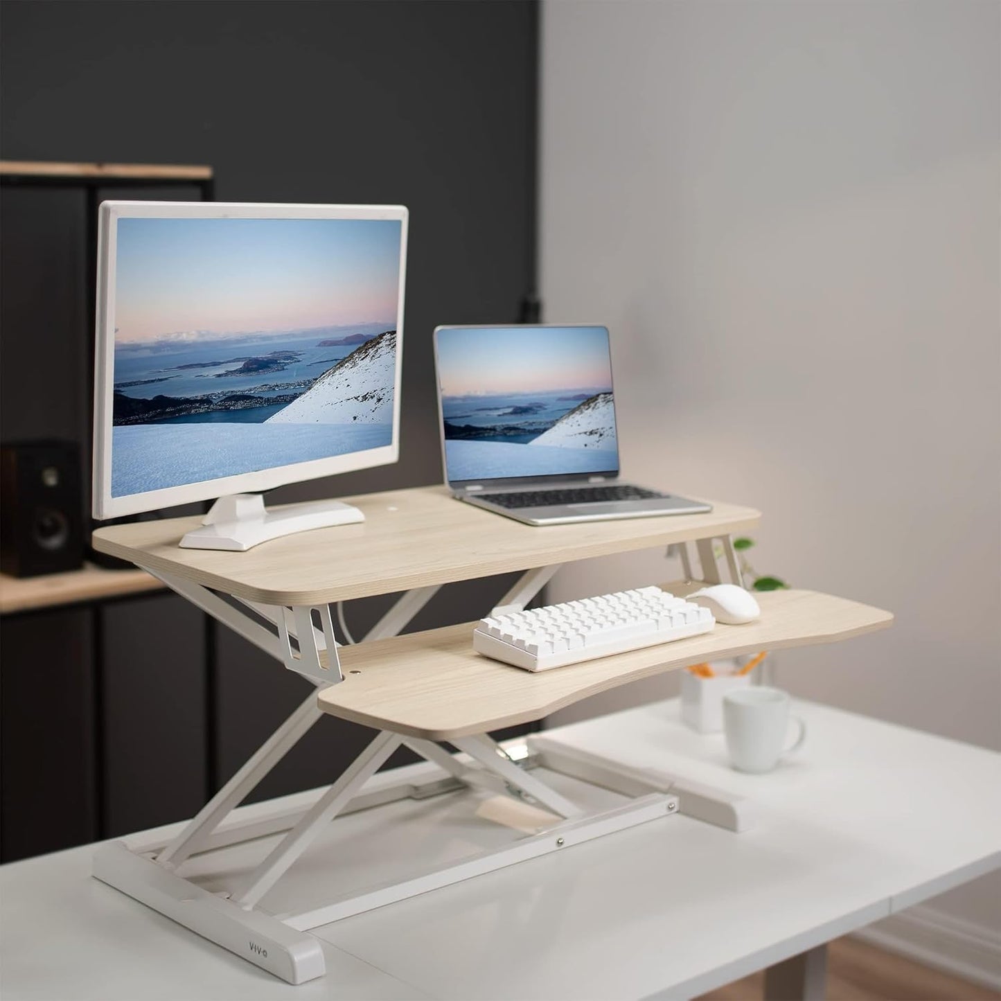 VIVO 32” Stehpult-Konverter mit höhenverstellbarem Aufsatz, Steh-Sitz-Arbeitsplatz für zwei Monitore und Laptop, mit breiter Tastaturablage, Schwarz, DESK-V000K