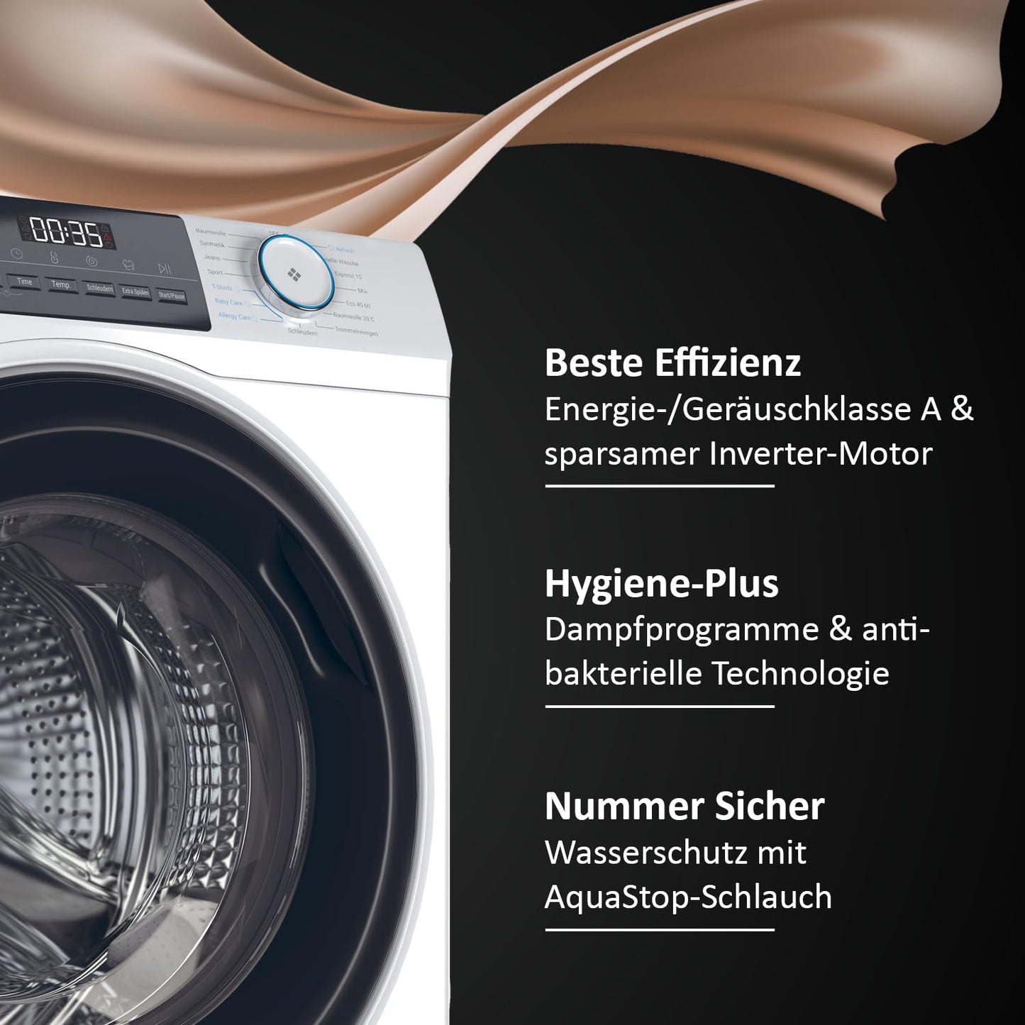Haier I-Pro Series 1 HW100-BP14929 Washing Machine, 10 kg, A: Best Efficiency, Inverter Motor, Steam Programmes, XL Drum, Aquastop Hose