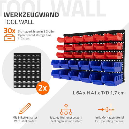 ECD Germany Wall Shelf with Stacking Boxes, 30 Pieces, Blue/Red, 18 Small / 12 Large Pours with Label Compartment, Workshop Shelf, Expandable Small Parts Magazine, Storage System, Storage Shelf,