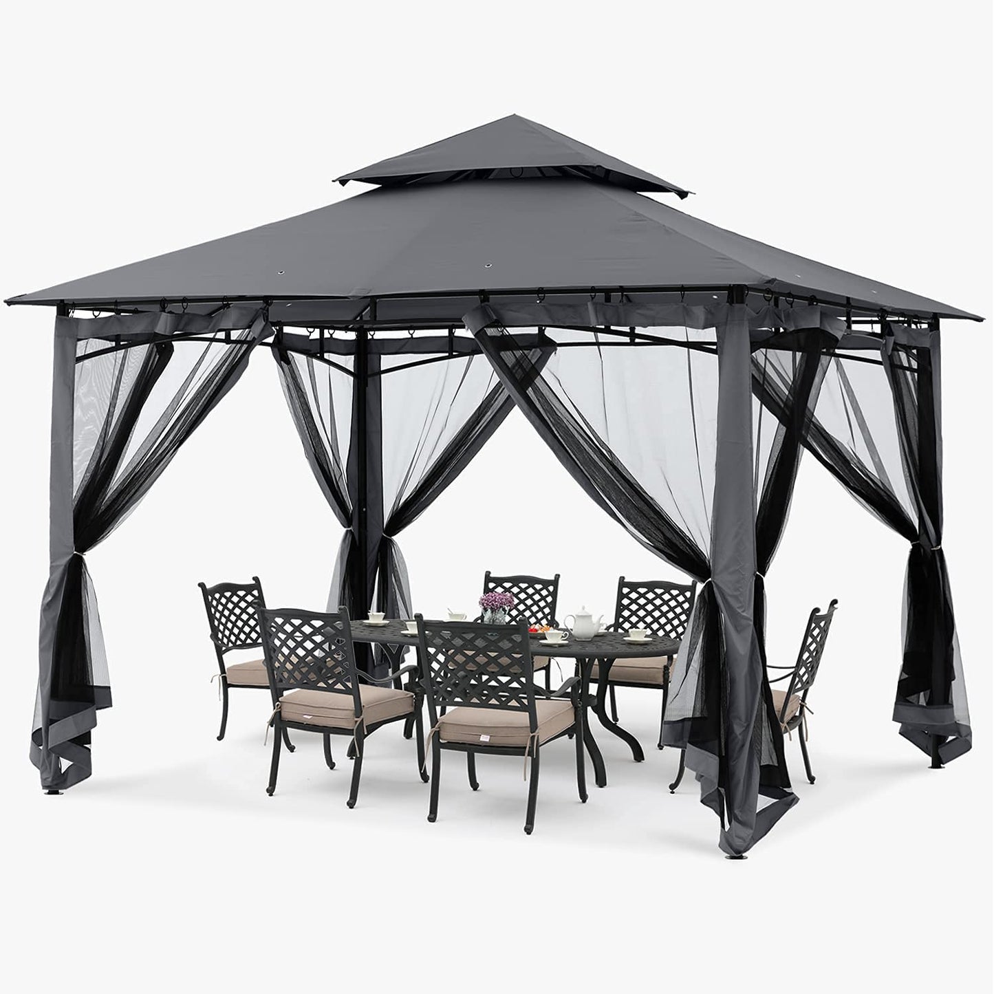 ABCCANOPY Pavillon 2.5x2.5m Wasserdicht Stabil Winterfest Gartenpavillon，Doppeldachweichdach Hinterhof-Partyzelt mit Netz für Schatten und Regen,Grau