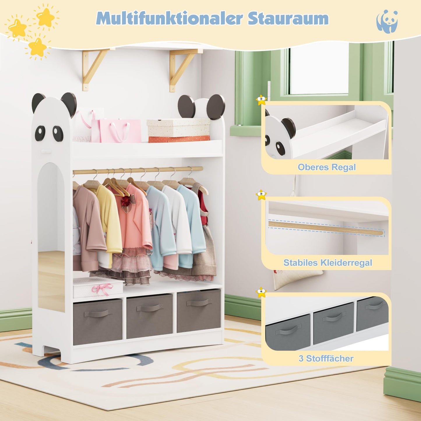 Children's Clothes Rack with Mirror, Clothes Rail with Shelves, Children's Wardrobe Wood, Children's Shelf for Children's Room, 81 x 28 x 106.5 cm (Clouds with 2 Drawers, White)
