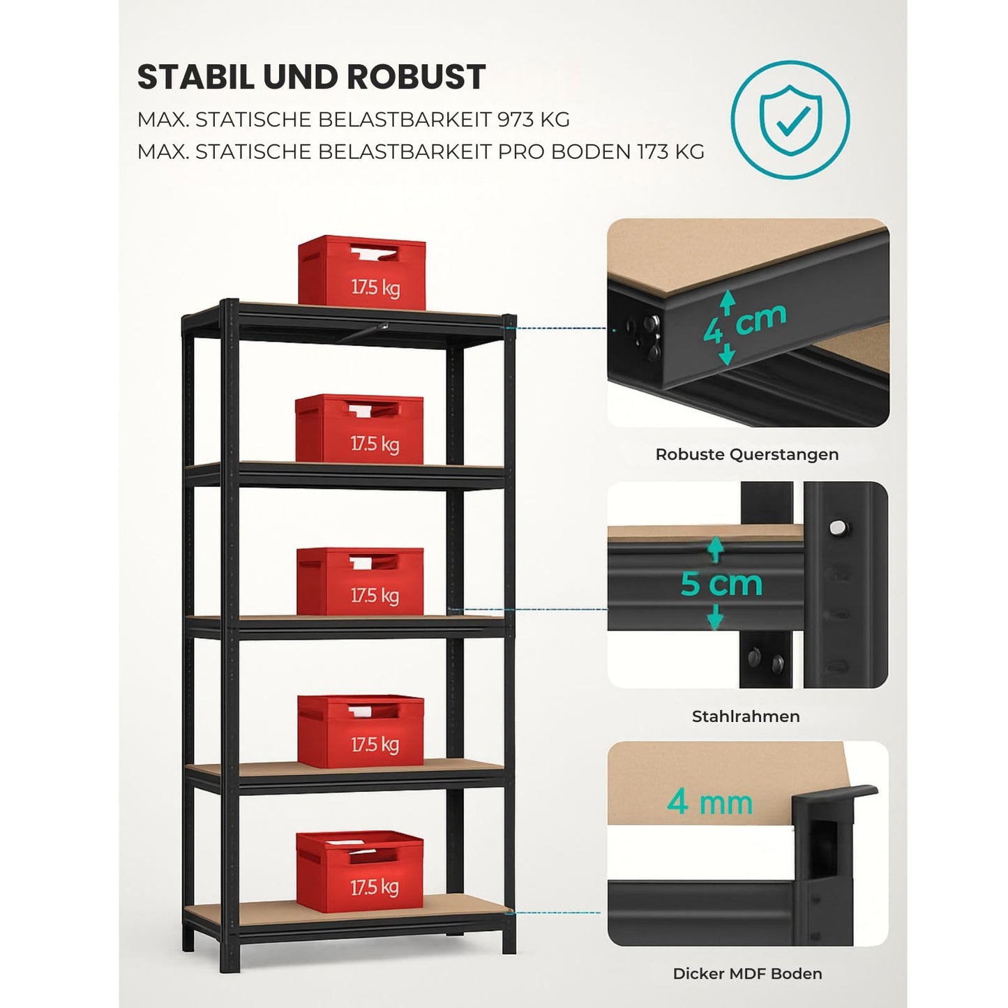 OfficeMarshal Double Pack Heavy Duty Shelves Black, 180 x 90 x 40 cm, Boltless Shelf, Storage Shelf, Standing Shelf, Plug-In System, Can be Assembled without Tools (Lakota)