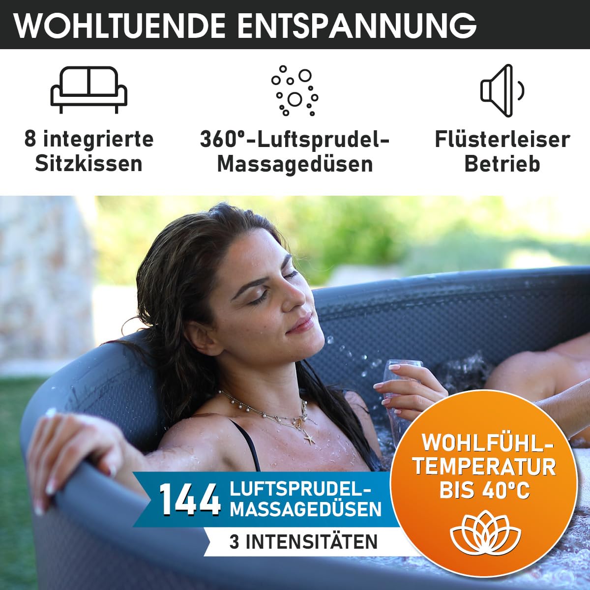 BRAST® Whirlpool aufblasbar MSpa | 4-8 Personen | viele Modelle rund und eckig | Ø 125-224cm | In- Outdoor Pool | bis zu 144 Massagedüsen | inkl. Aufblasfunktion Abdeckung Timer Heizung | Duet