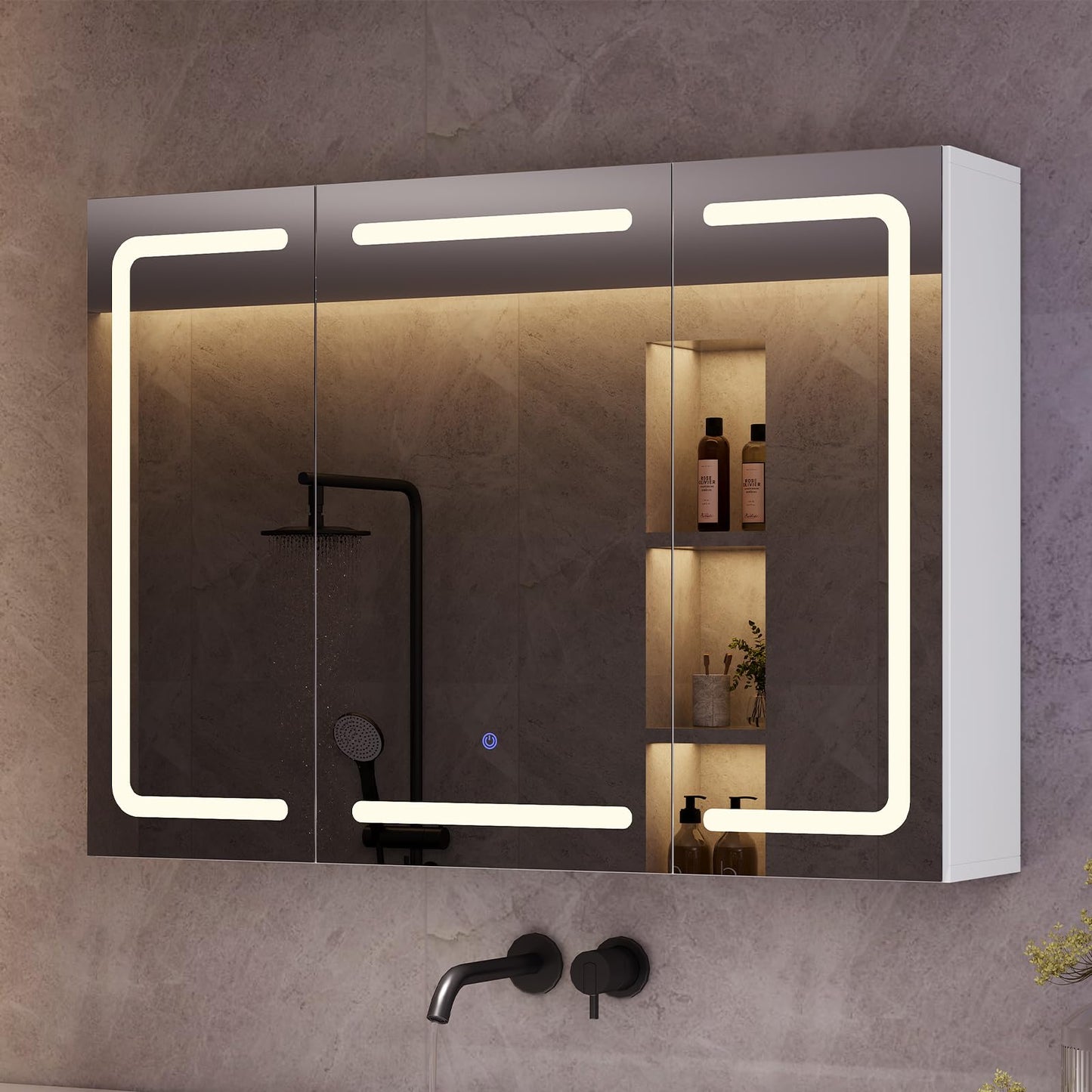 mojiasion Bathroom Mirror Cabinet 100 cm Wide with LED Lighting, Socket & 3 Colour Temperatures Dimmable Bathroom Cabinet with Touch Sensor 60 x 100 x 16 cm (H x W x D) Mirror + 3 Adjustable Shelves