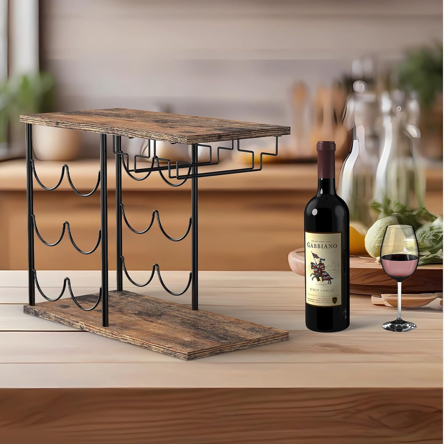Wine Rack for 6 Bottles, Bottle Rack with 3 Shelves, Vintage Metal Wine Stand with Glass Holder, Bottle Holder, Freestanding Bottle Rack for Kitchen, Bar, Dining Room, Living Room, Vintage Brown/Black