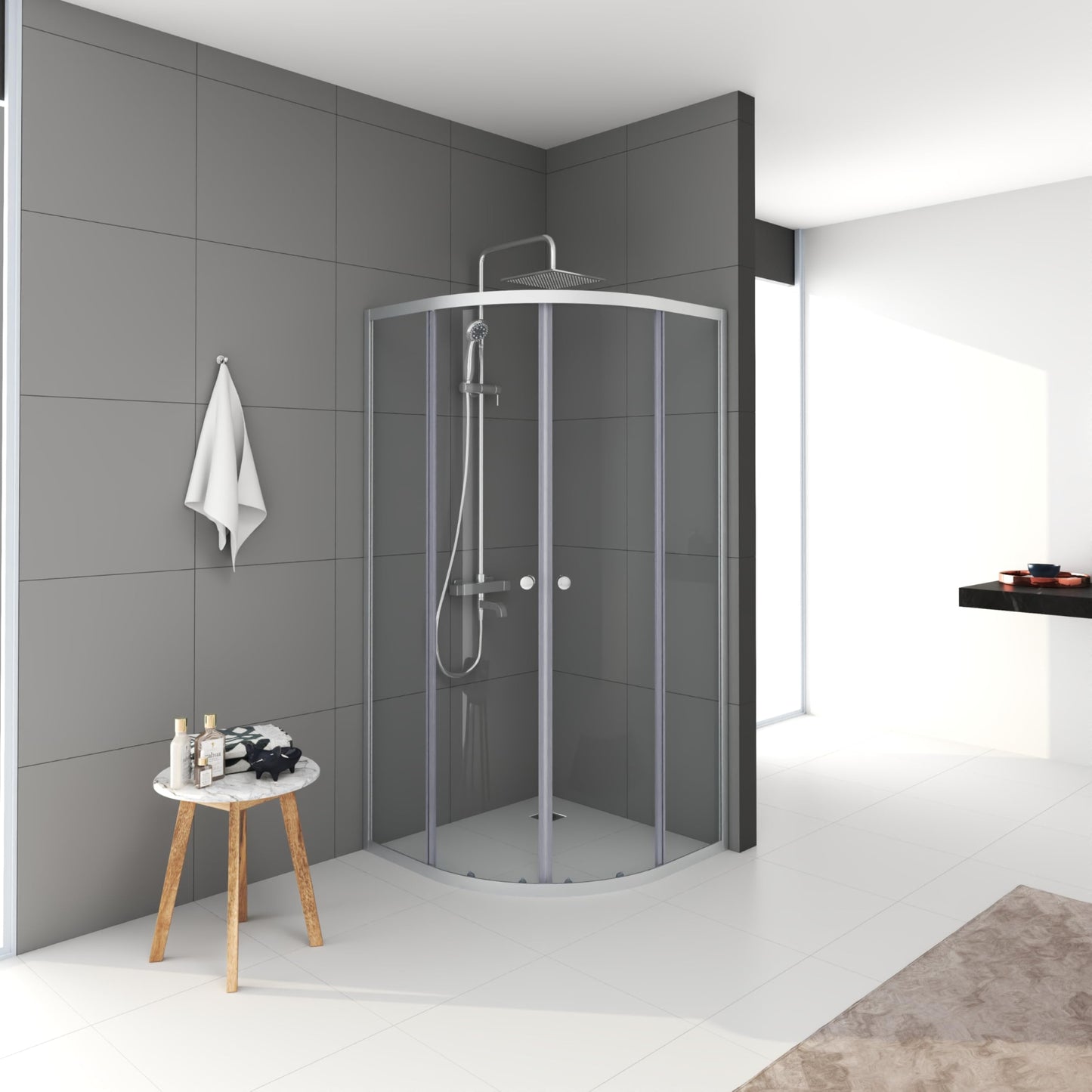 MARWELL Shower Cubicle Crystal Round Shower Complete Set Radius 55 cm and 4 mm Thick Tempered Safety Glass, Glass Shower with Aluminium Profiles in Silver Satin Matt