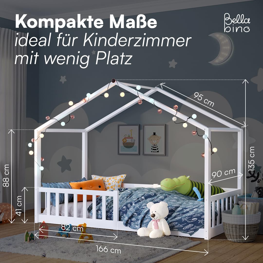 Bellabino Bia Children’s Bed, 90 x 200 cm, Children’s House Bed incl. Fall Protection and Rolled Slatted Frame, Montessori Floor Bed, White, Solid Pine Wood