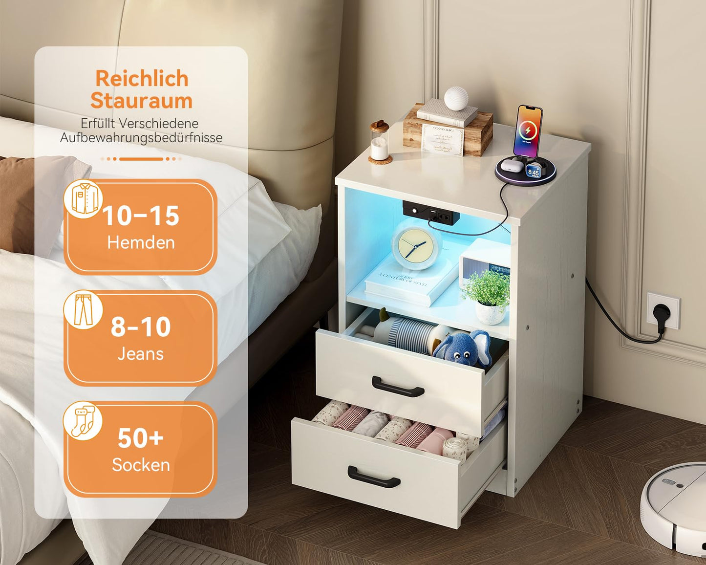 Coleshome Bedside Table with 2 Sockets and 2 USB, Bedside Tables with 10 Colours LED, Bedside Table White with 2 Wooden Drawers and Storage Space, 1 Pack