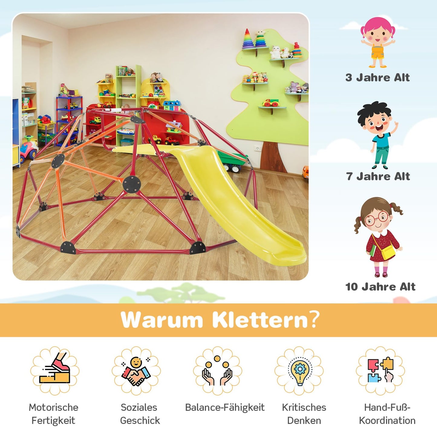 COSTWAY Climbing Dome with Slide, Dome Climbing Frame with Fabric Platform, 180 kg Load Capacity, Outdoor & Indoor Playground for 3-10 Years, Ideal for Gym, Backyard, Garden