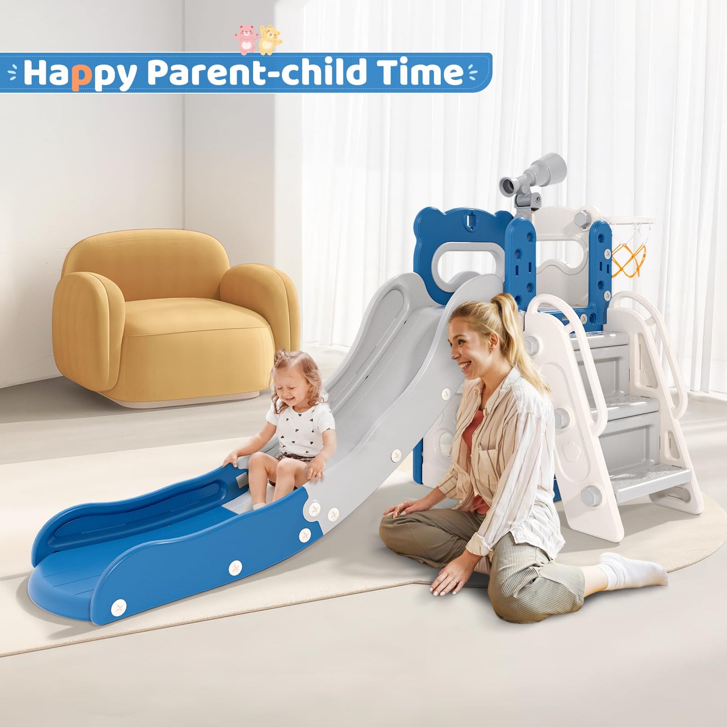 Krovtoy Kleinkindrutsche mit Weihnachtselch-Motiv, freistehende Kleinkindrutsche mit Golf-Set, Babyrutsche, Spielplatzgerät, für den Innen- und Außenbereich (Grau Beige - 6 in 1)