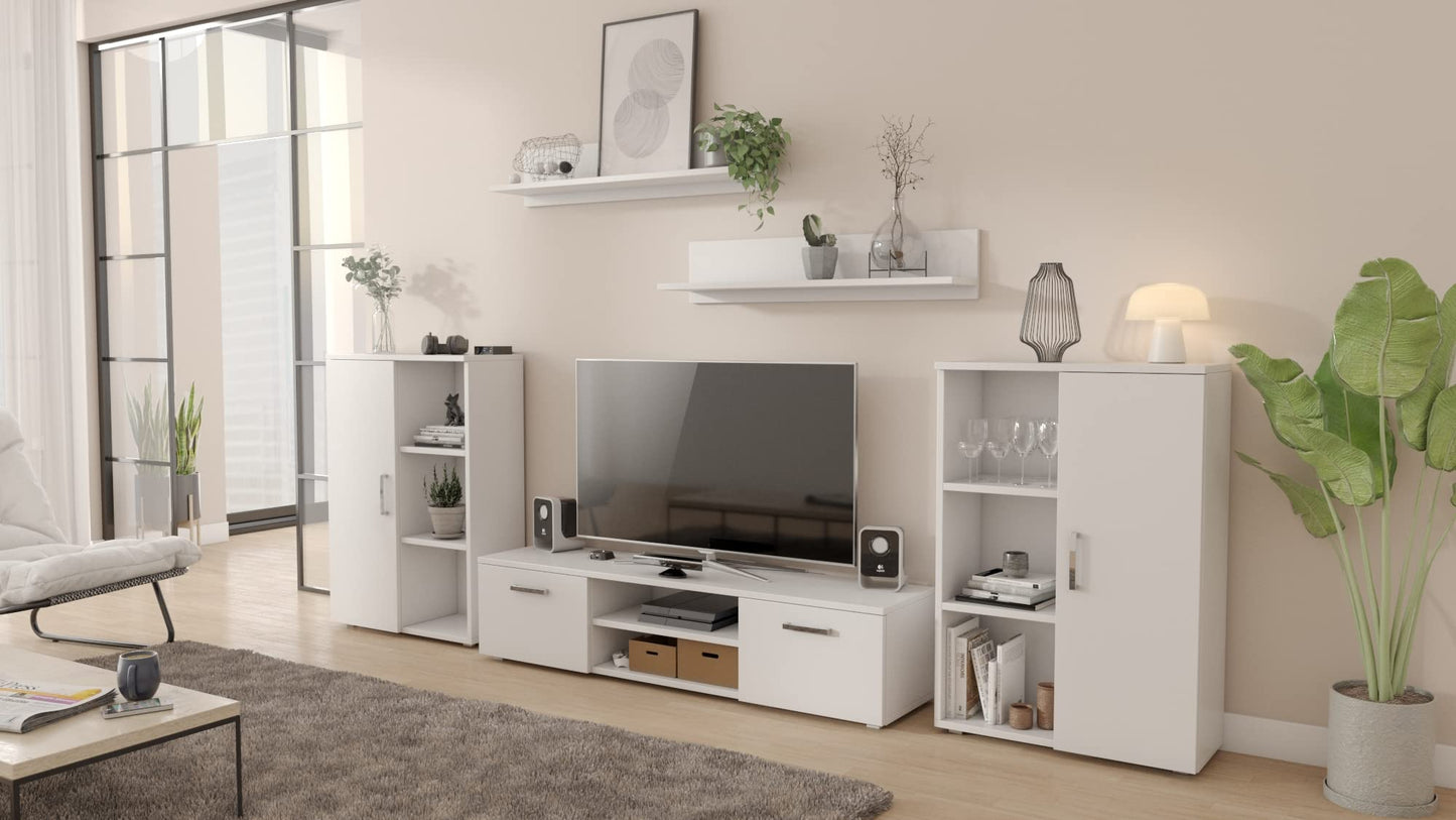 MATKAM Herkules II Wall Unit, Modern Living Room Cabinet with TV Table, Sideboard and Wall Shelf, Living Room Complete Furniture (White/Black)