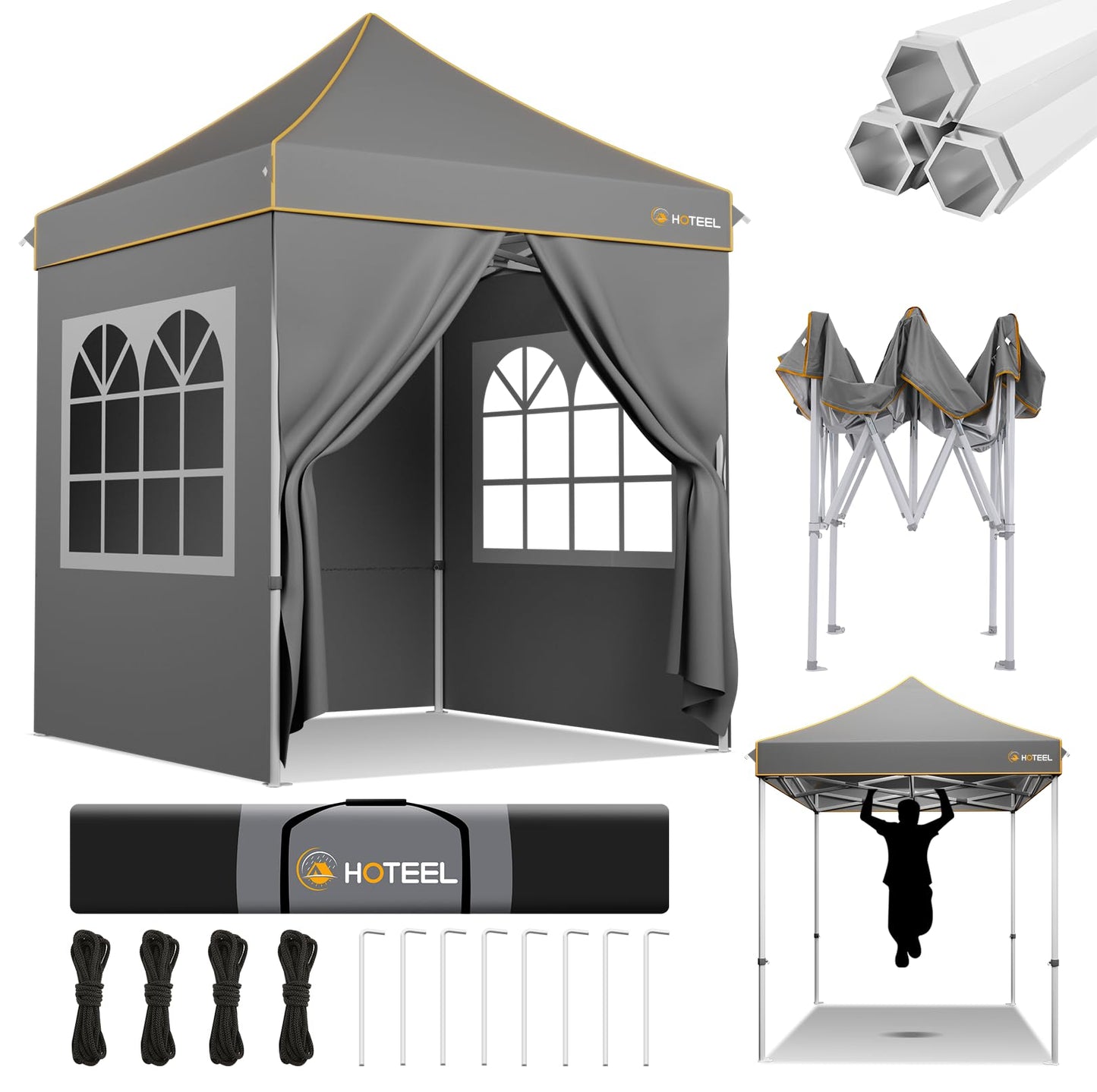 HOTEEL Gazebo 3 x 6 Waterproof Stable with 6 Removable Side Walls, Wave Hem Roof Party Tent 3 x 6 with Wheel Bag and 4 Sand Bags, Folding Gazebo 3 x 6 Parasol for Wedding Market (Grey)