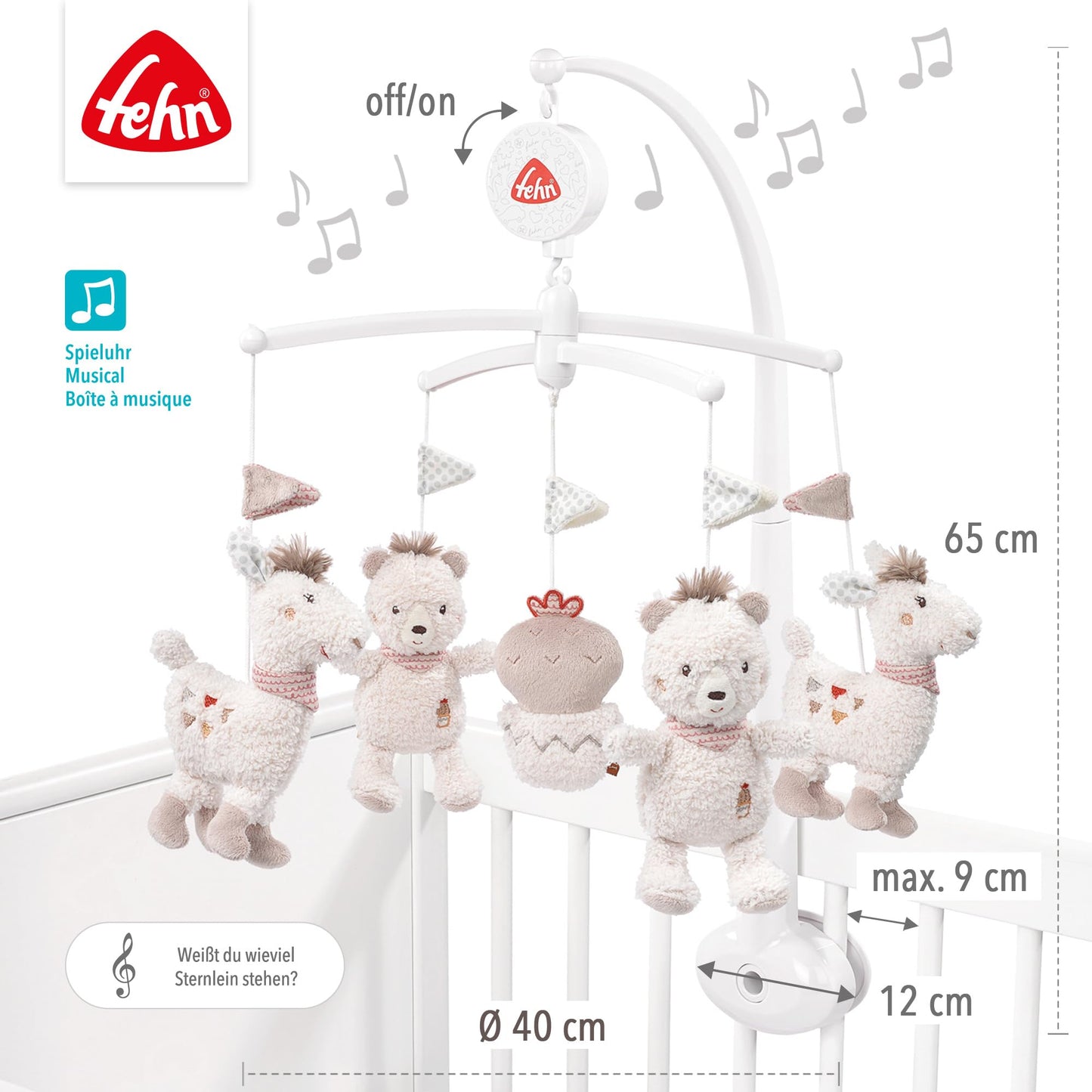 Fehn 053180 Good Night Music Mobile, With Melody "Weißt du wie viel Sternlein stehen" and Cute Figures with "Glow-in-the-Dark" Embroidery, For Babies from 0-5 Months, Size: Diameter 40 cm
