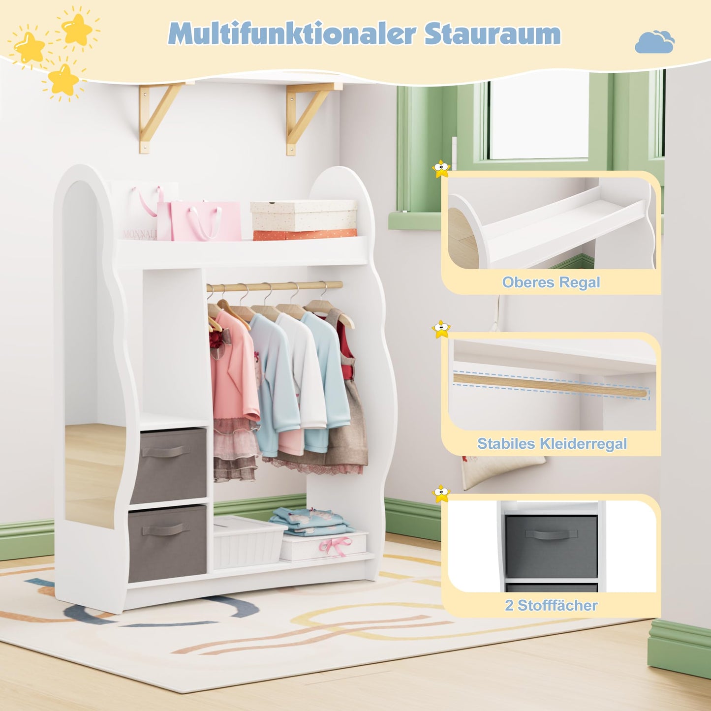 Children's Clothes Rack with Mirror, Clothes Rail with Shelves, Children's Wardrobe Wood, Children's Shelf for Children's Room, 81 x 28 x 106.5 cm (Clouds with 2 Drawers, White)