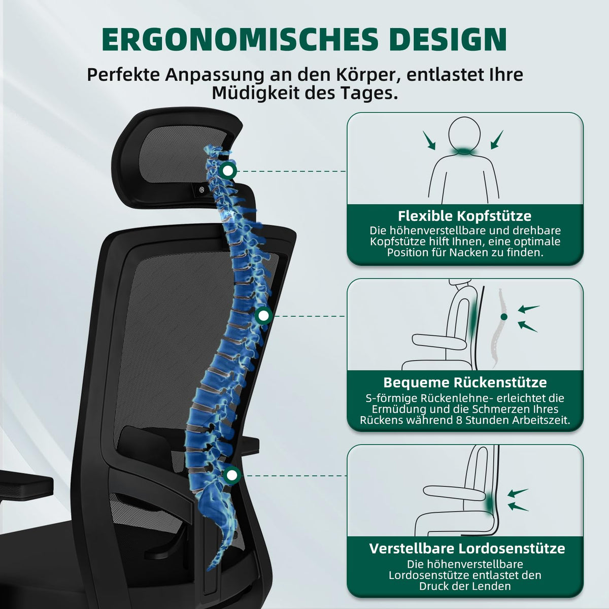 Ergonomic Office Chair with Adjustable Lumbar Support, Armrests and Headrest, Swivel Office Chair 150 kg, Desk Chair, Executive Chair, Rocker Function up to 135°