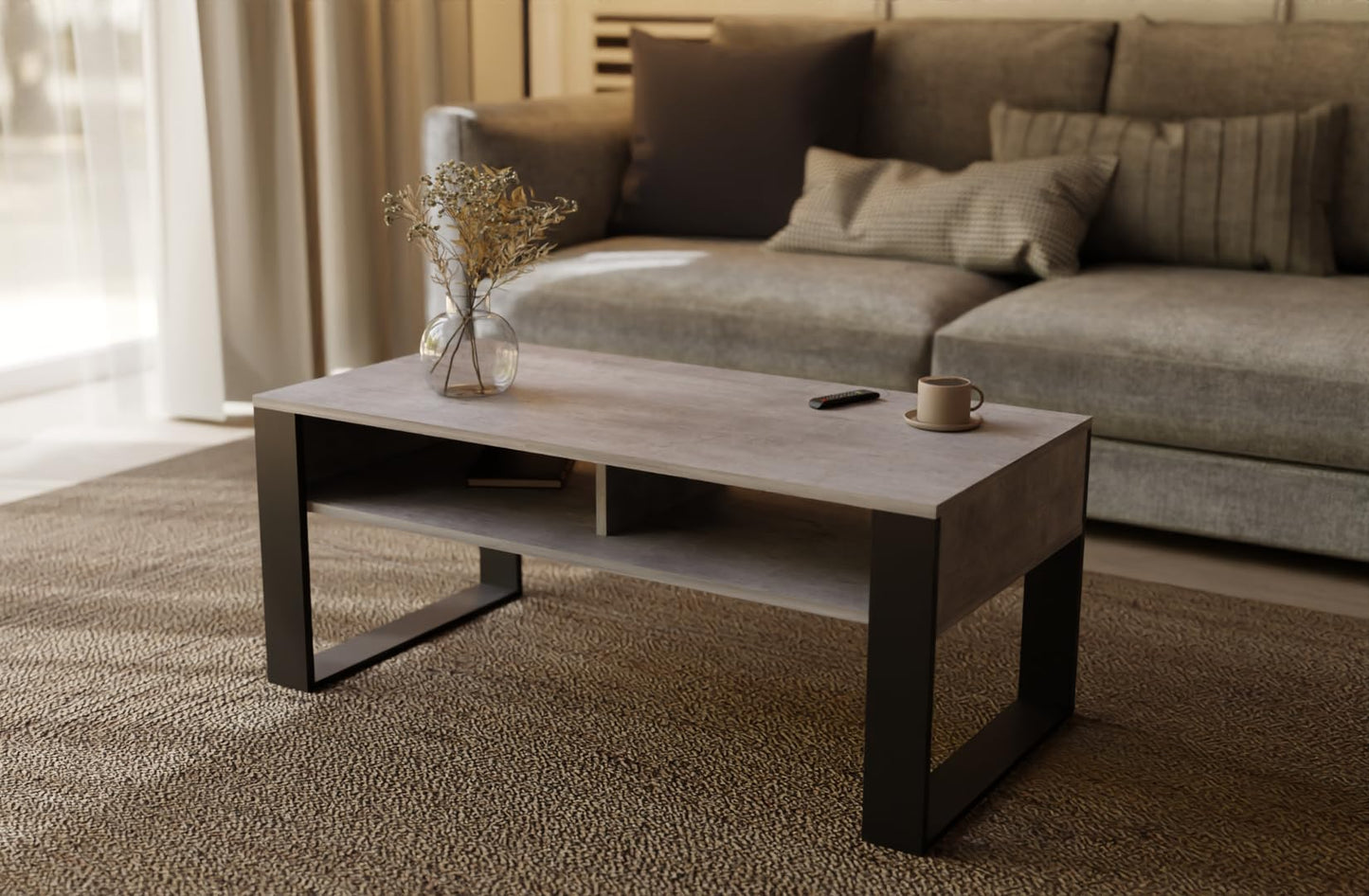 Artisan Coffee Table, Retro Loft Bench, Open Double Shelf, Skate Legs, Ideal for Coffee Get-Togethers, Laminated Top, Large Surface, Guaranteed Stability, White 3