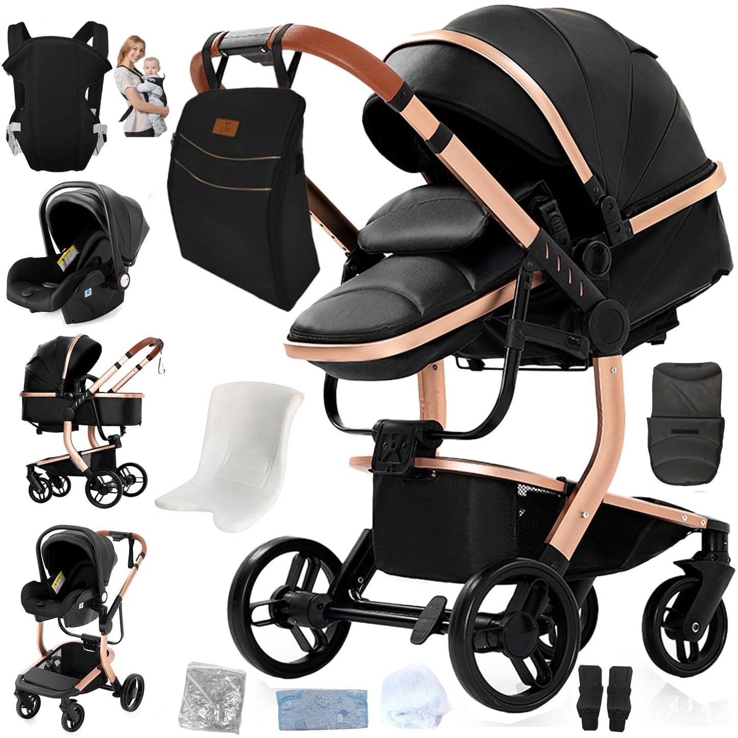 Doraystar 360° Rotation PU Leather Pushchair 3-in-1 Combination Pushchair 3-in-1 with Two Reversible Sliding Modes, Pushchair Complete Set with One-Click Folding Design, Aluminium Alloy Frame (906