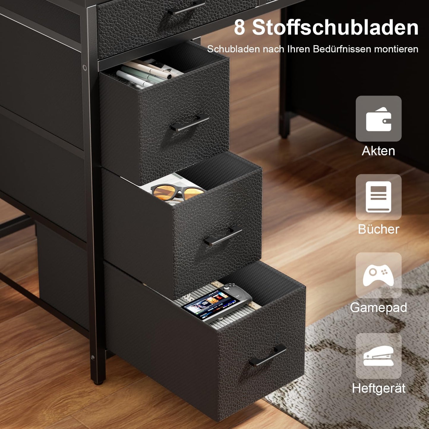 Schreibtisch mit 8 Schubladen, Computertisch mit 2 Steckdosen und 2 USB Ladeanschluss, Bürotisch mit LED und Monitorständer, PC Tisch für Büro, Wohnzimmer, 120 x 50 x 74 cm, Weiß