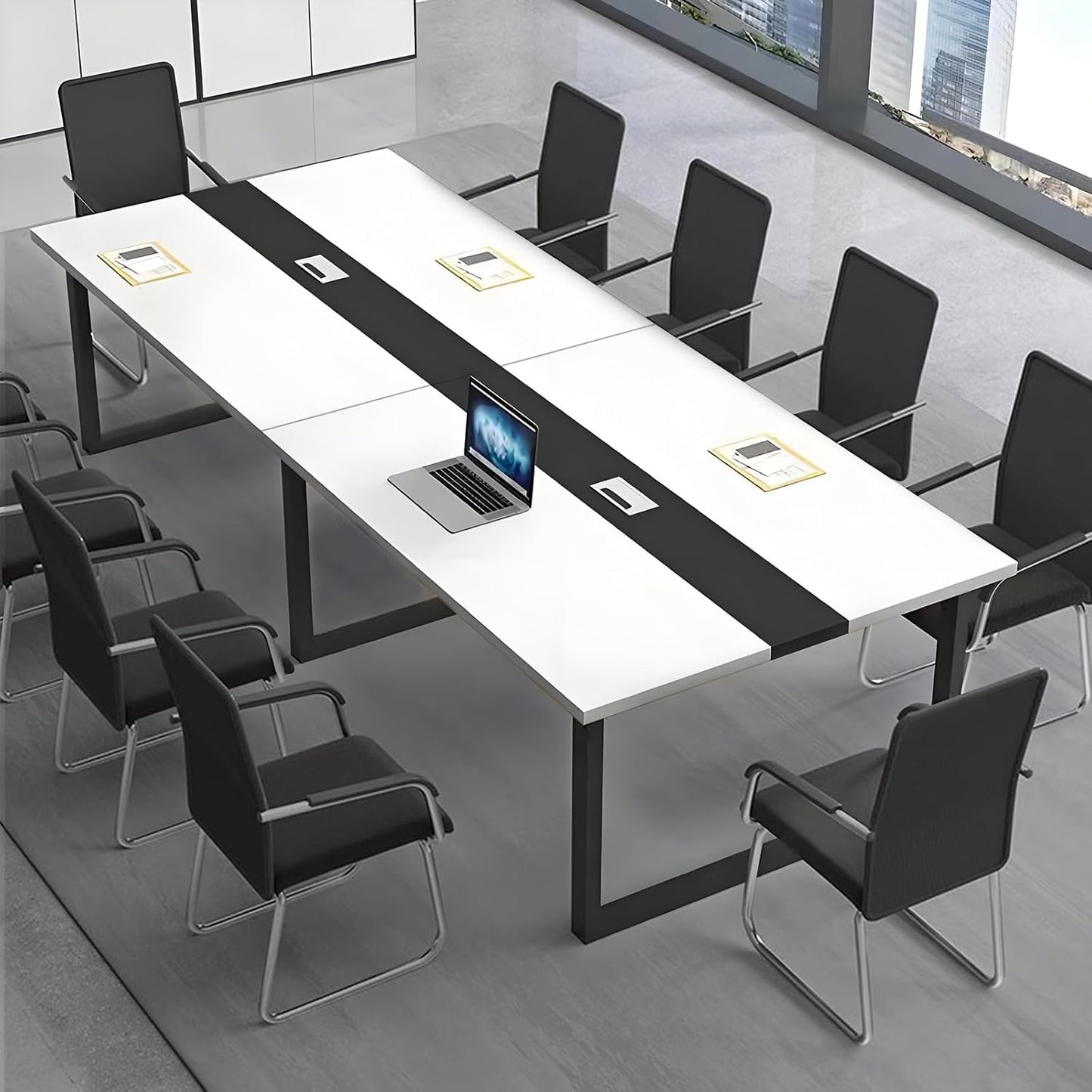 Large Conference Table, Modern Meeting Table with Cable Channel and Black Metal Frame for 8-12 People, Rectangular Seminar Table for Office, Conference Room
