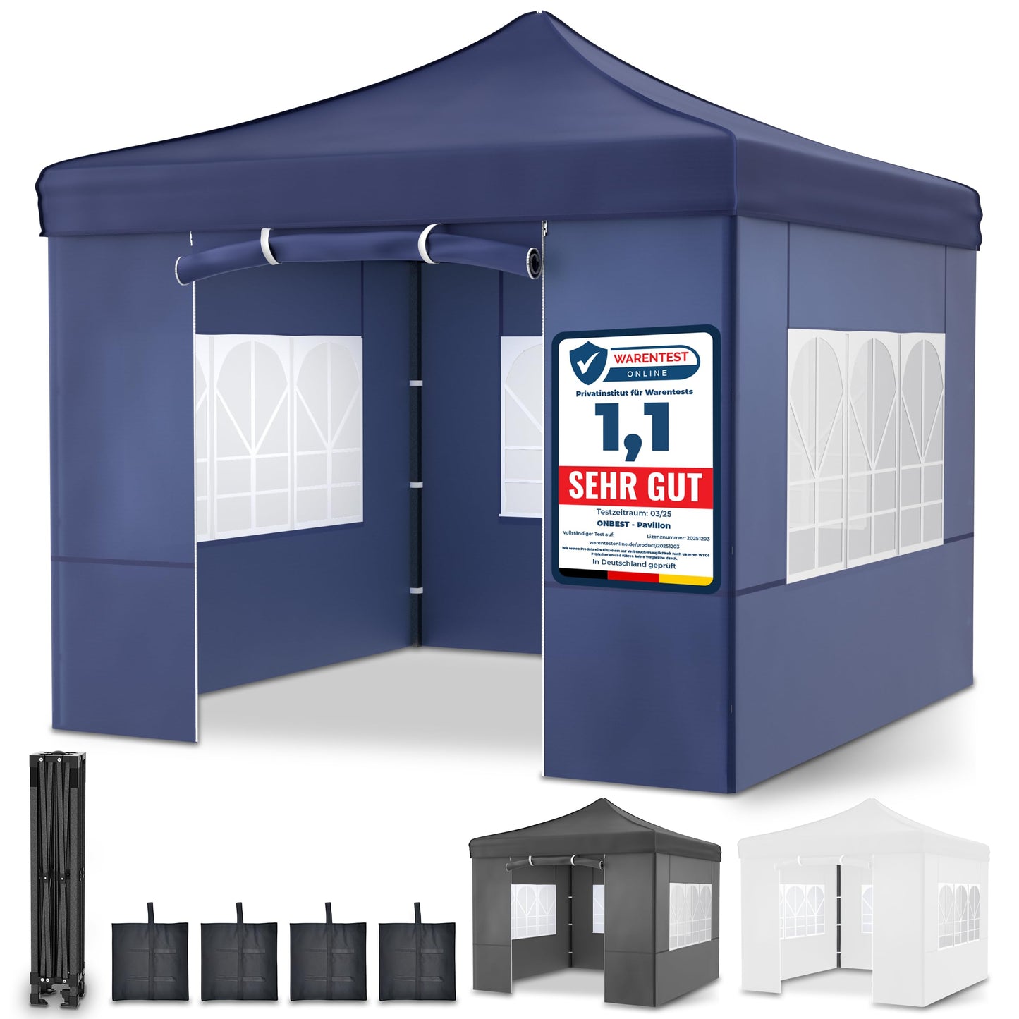 Gazebo - 3 x 3 m - Large Entrance - Waterproof - Pop Up Frame - Side Walls with 3 x 3 Windows - Additional with Bag - Foldable Outdoor Gazebo Folding Gazebo (Grey)