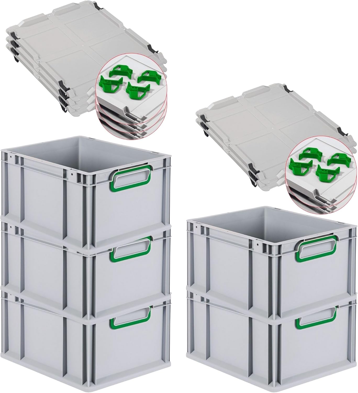 PROREGAL Economy Set of 5 Eurobox NextGen Colour with Lid and Sliding Snap Fasteners, H x W x D 22 x 30 x 40 cm, 20 L, Black, Closed Handles, Euro Container, Transport Box, Transport Container