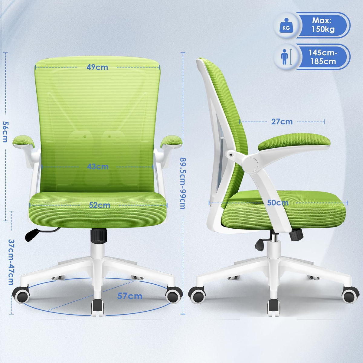 Hinonde Office Chair, Desk Chair with Folding Armrests and Rocker Function, 360° Swivel Chair, Height-Adjustable Office Chair, Ergonomic Home Office Chair with Breathable Mesh, Up to 150 kg