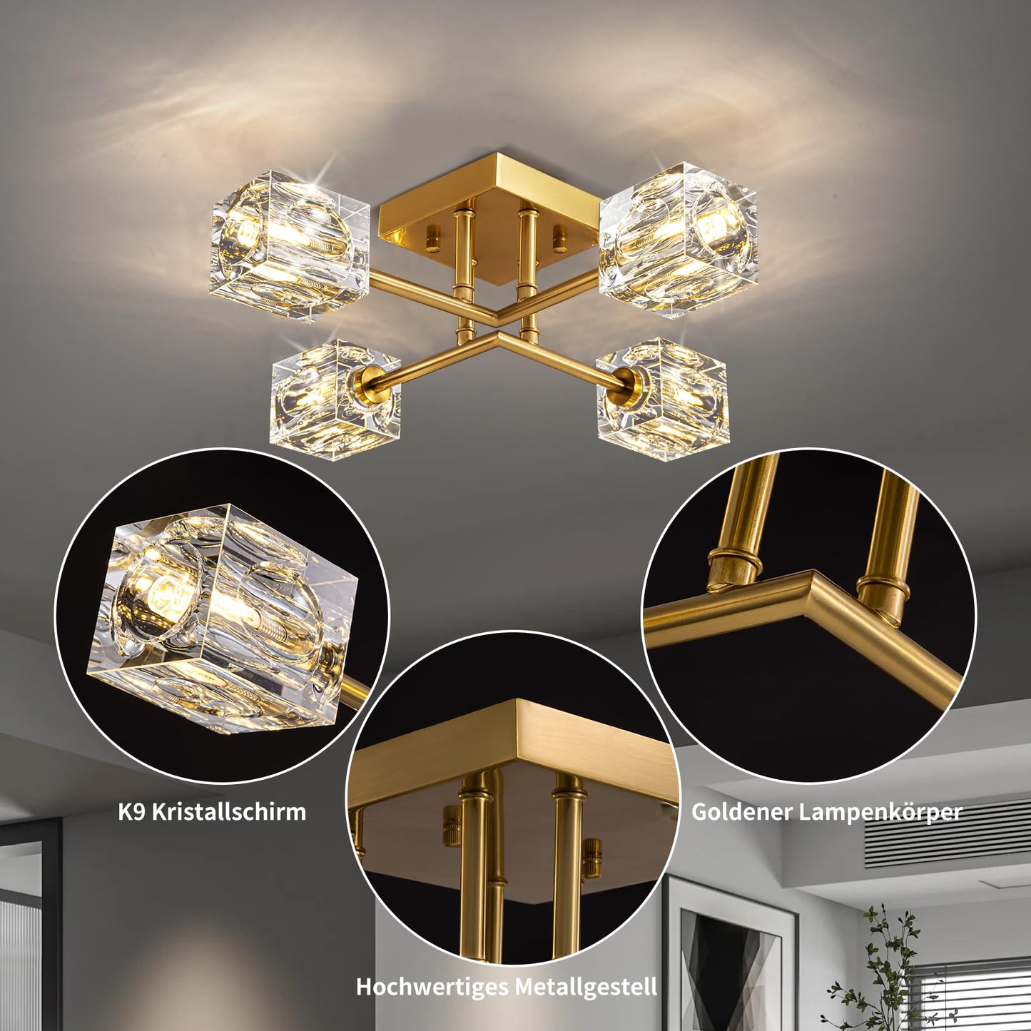 JUJUQI Moderne Kristall-Kronleuchter,Gold Hängeleuchte, K9 quadratischer Kristall Häengelampe mit 8 Lichtern,Würfel-Schirm, hängende Deckenleuchte für Esszimmer, Schlafzimmer, Wohnzimmer