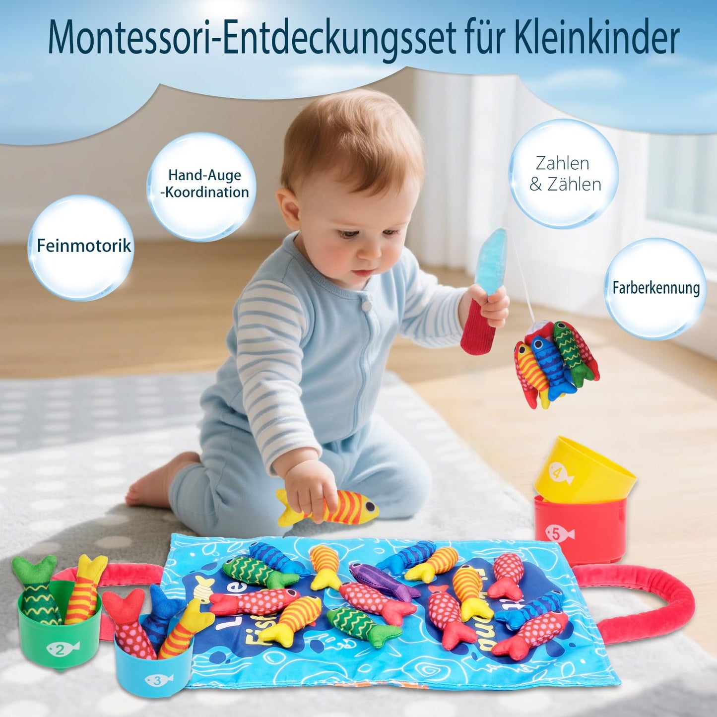 TenFans Montessori Fishing Game from 1 Year Made of Fabric - With Stacking Cups & Colour Sorting Set - First Birthday Gift - Travel Learning Toy with Sensory Activity