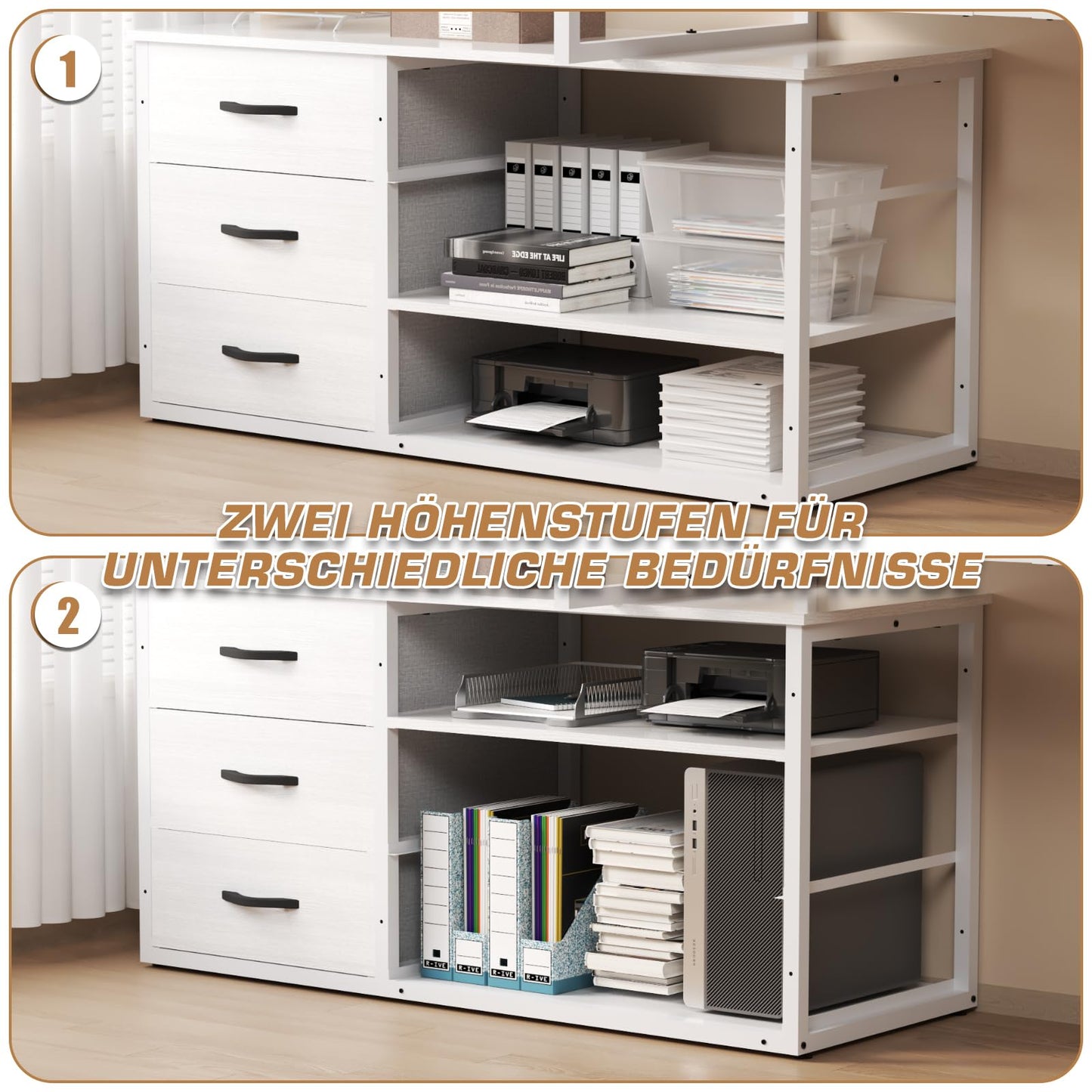 Desk l Shape with 3 Drawers & Storage Space, 140 x 105 x 75 cm Reversible Corner Desk, L-Shaped Desk with 2 USB Charging Ports and 2 Sockets, White