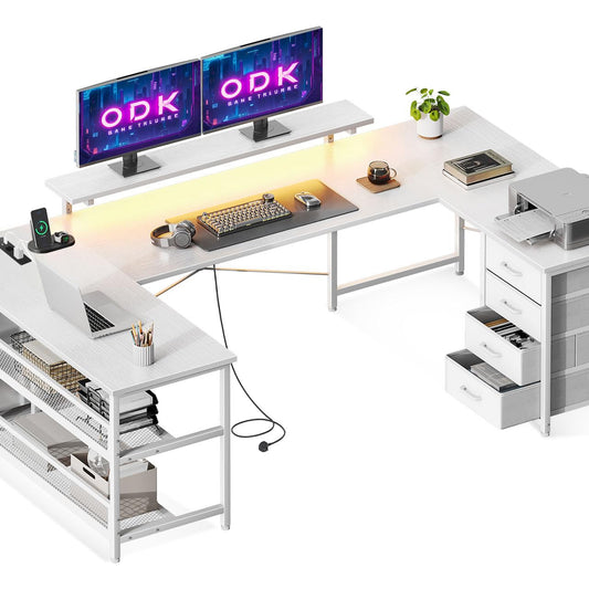 ODK Corner Desk with 4 Drawers and Storage Space, 167 x 102 cm Reversible Corner Desk with 2 Sockets and 2 USB Charging Ports, Gaming Desk with LED and Monitor Stand for Home Office, Black