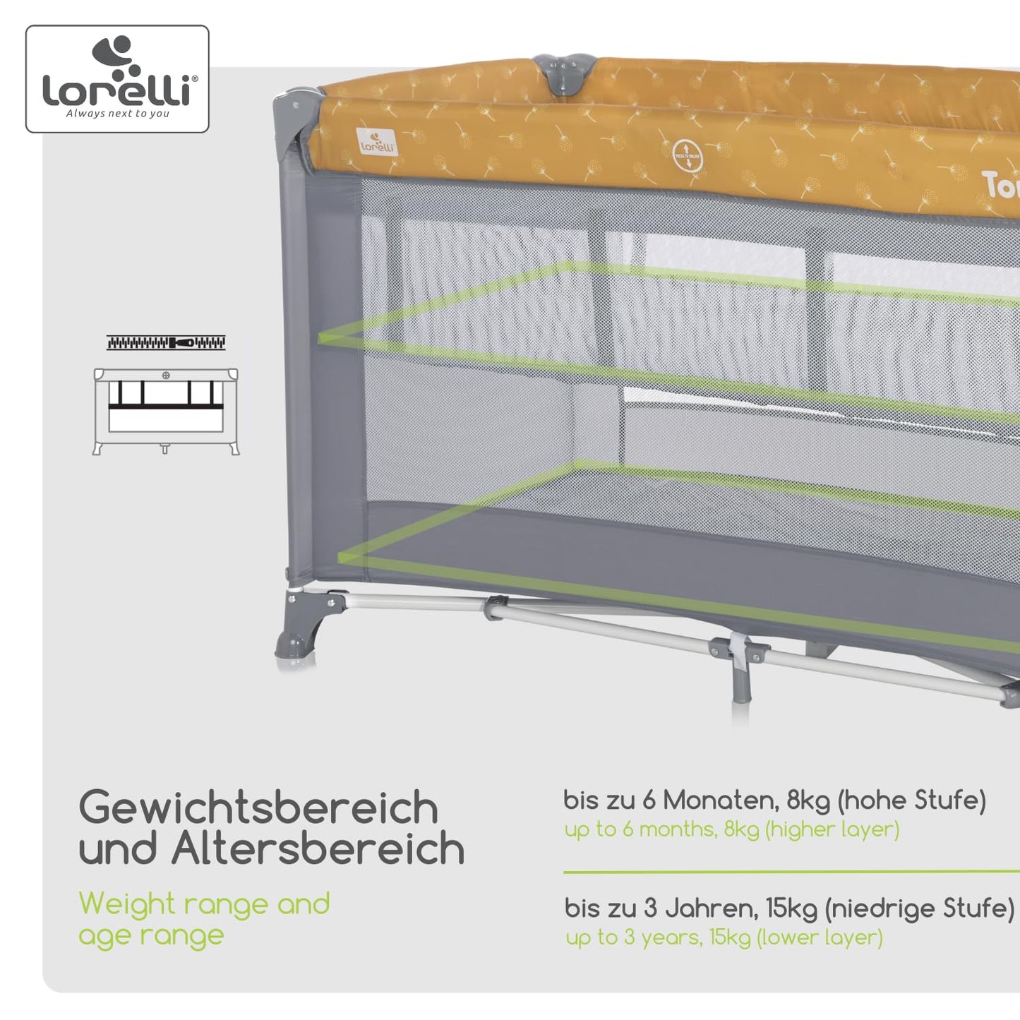 Lorelli Torino 2-in-1 Baby Bed and Playpen 2 Levels with Newborn Insert and Side Entrance, Cot from Birth to 15 kg, Baby Travel Cot, Foldable Including Transport Bag, Dark Grey