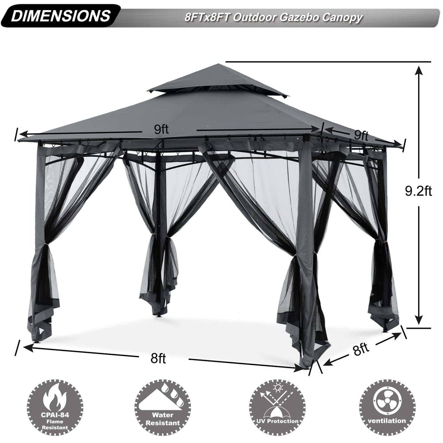 ABCCANOPY Pavillon 2.5x2.5m Wasserdicht Stabil Winterfest Gartenpavillon，Doppeldachweichdach Hinterhof-Partyzelt mit Netz für Schatten und Regen,Grau