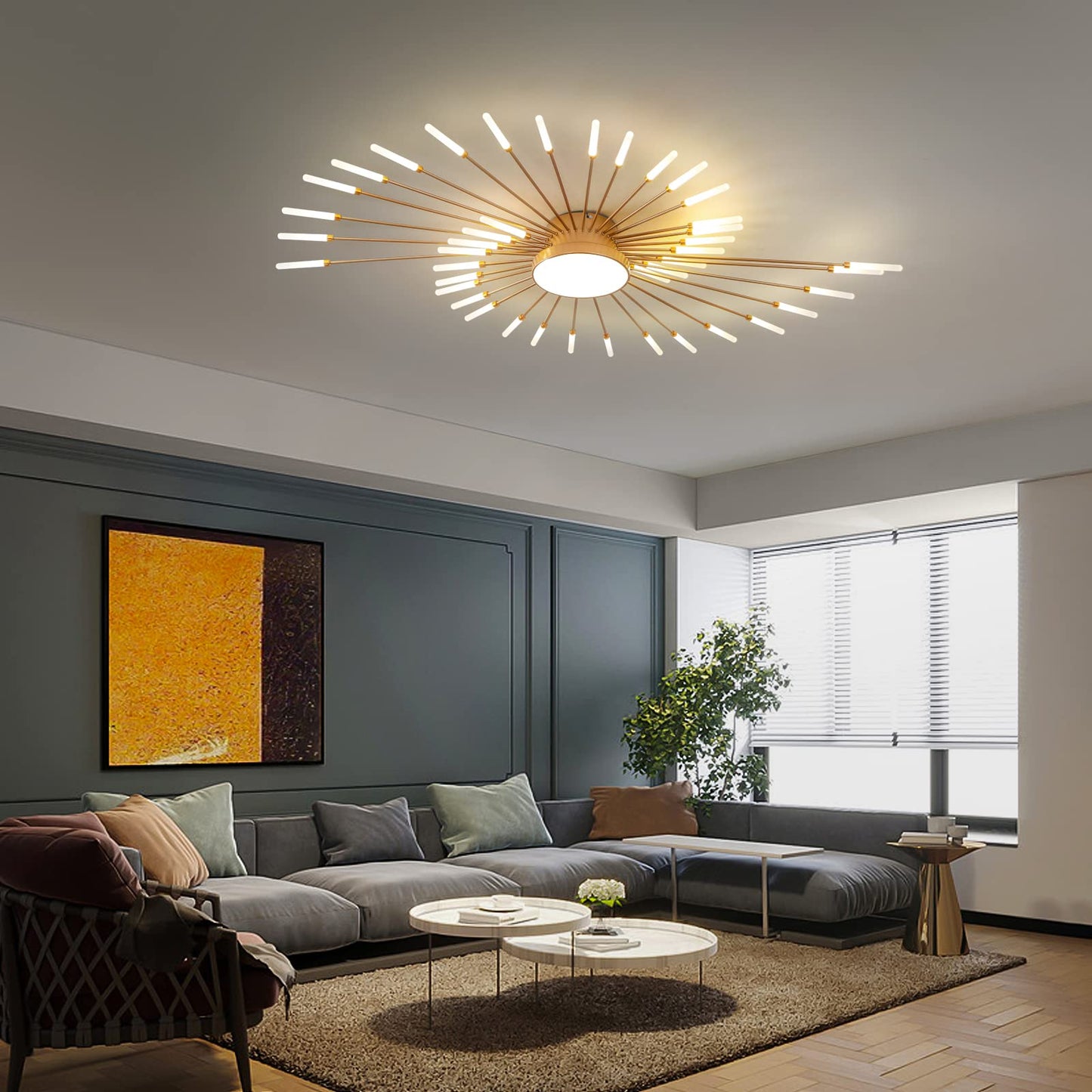 minifair Moderne LED-Deckenleuchte, 12 + 1 Köpfe, halbbündige Deckenleuchte, goldene Kronleuchter, Deckenbeleuchtung für Schlafzimmer, Wohnzimmer, Küche, Esszimmer, Restaurant