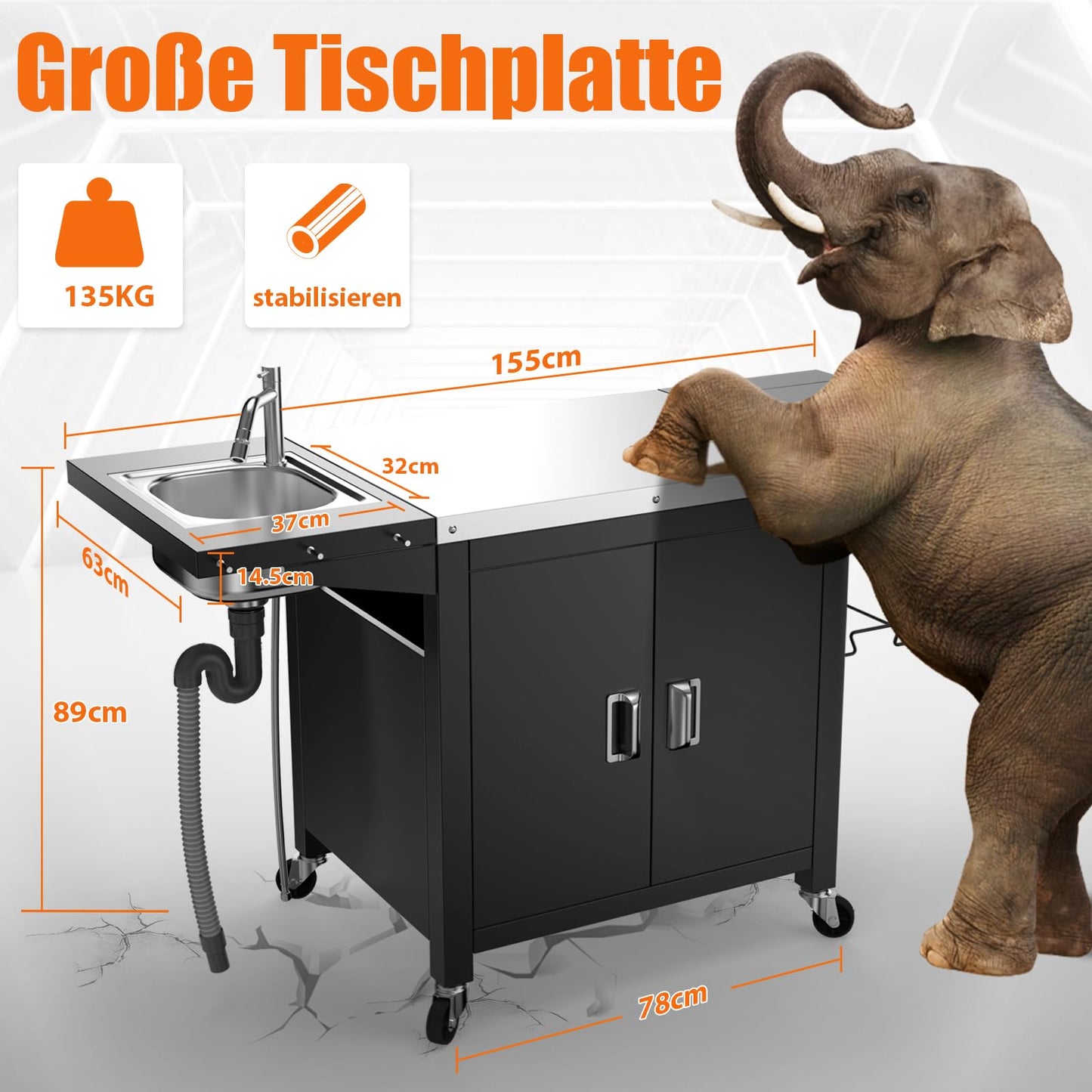 GFTIME Barbecue Trolley, 154 x 63 x 89 cm, Outdoor Kitchen Trolley, Outdoor Kitchen, Grill Table for Onni Pizza Ovens, Outdoor Kitchen for Ninja Woodfire and Weber Q Series, Mobile Pizza Oven Table