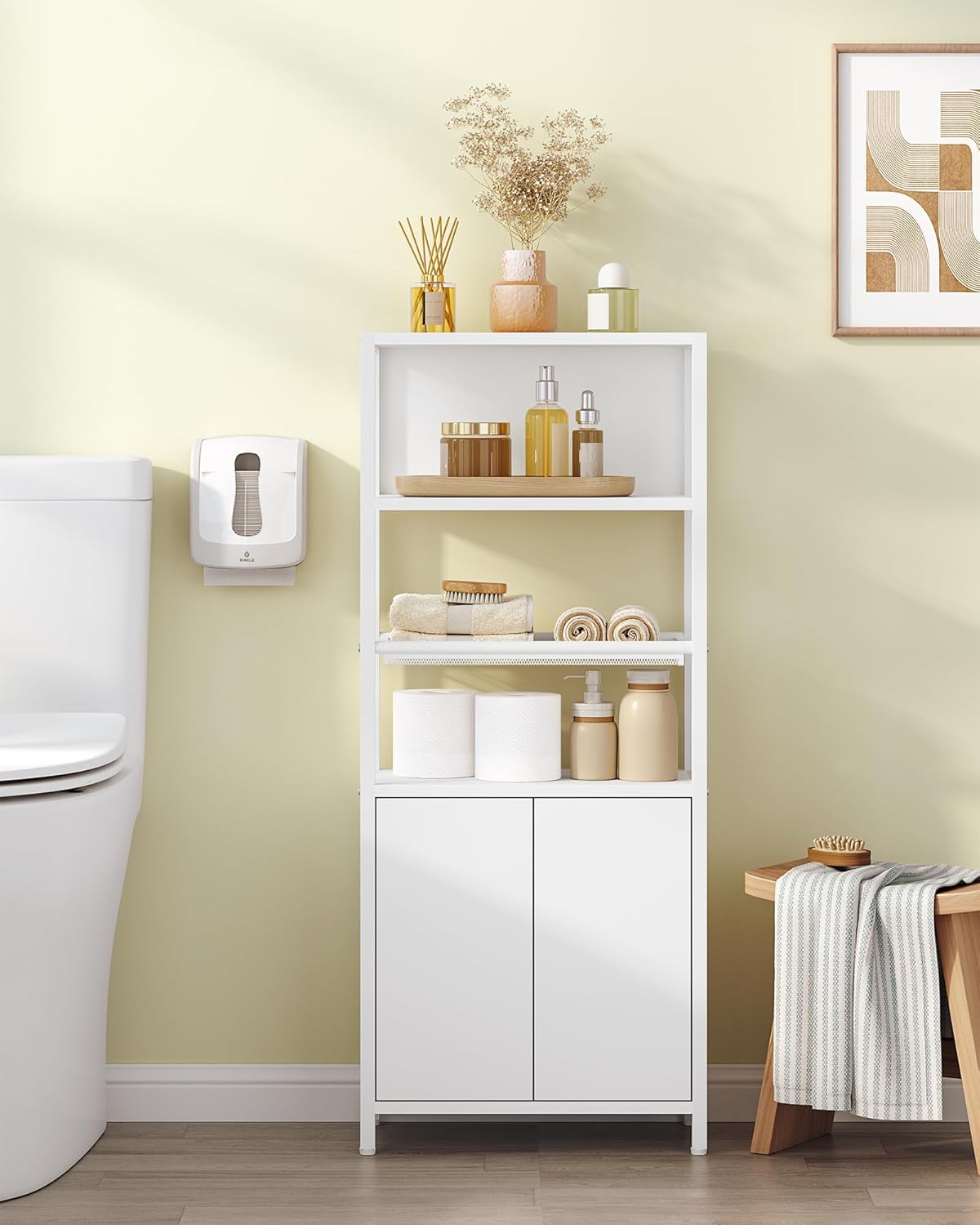 Hzuaneri BC42903W Bathroom Cabinet with 2 Doors & Open Shelf, Kitchen Cabinet, Ventilated Metal Mesh Shelf, Adjustable Shelf, for Bathroom, Living Room, 20 x 38 x 90 cm, White